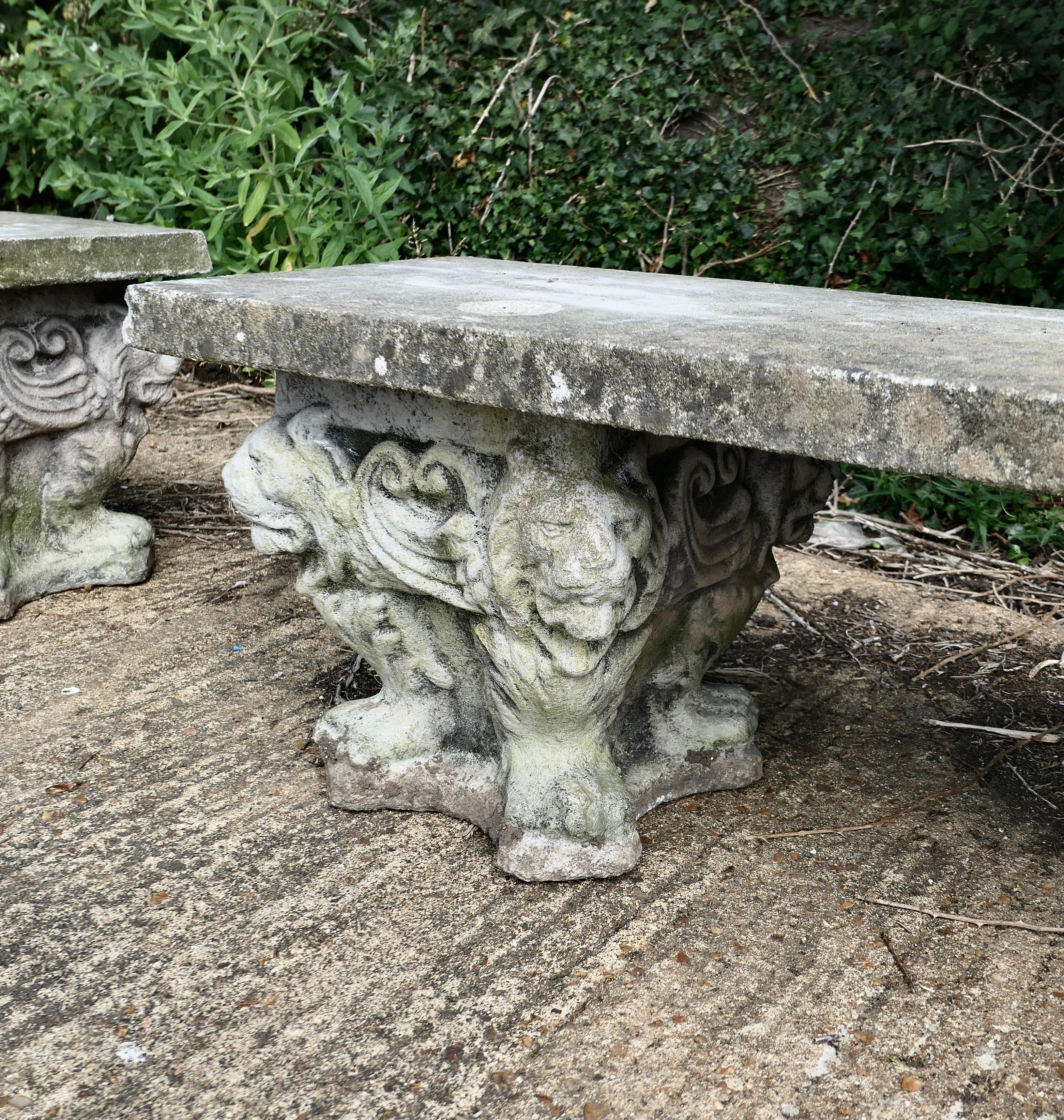 A pair of Old Gothic Weathered Stone Garden Benches 2