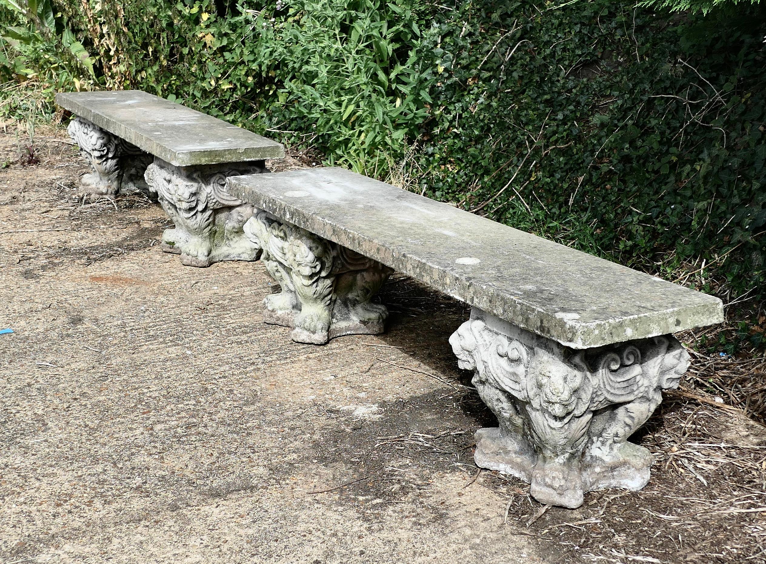 A pair of Old Gothic Weathered Stone Garden Benches 4