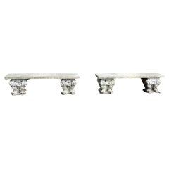 A pair of Old Gothic Weathered Stone Garden Benches