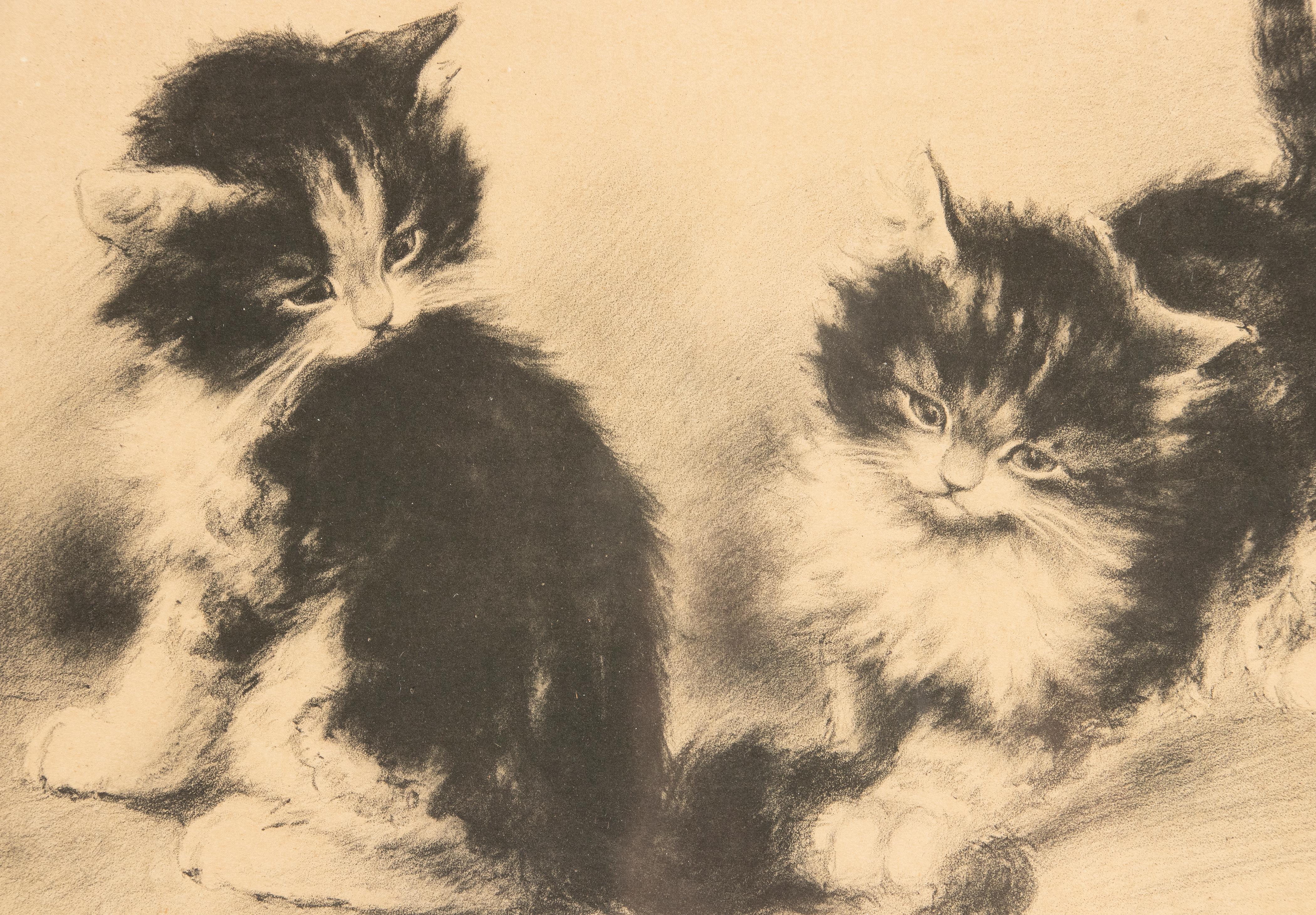Paper A pair of Old Prints with Playing Cats by Alfred Renaudin