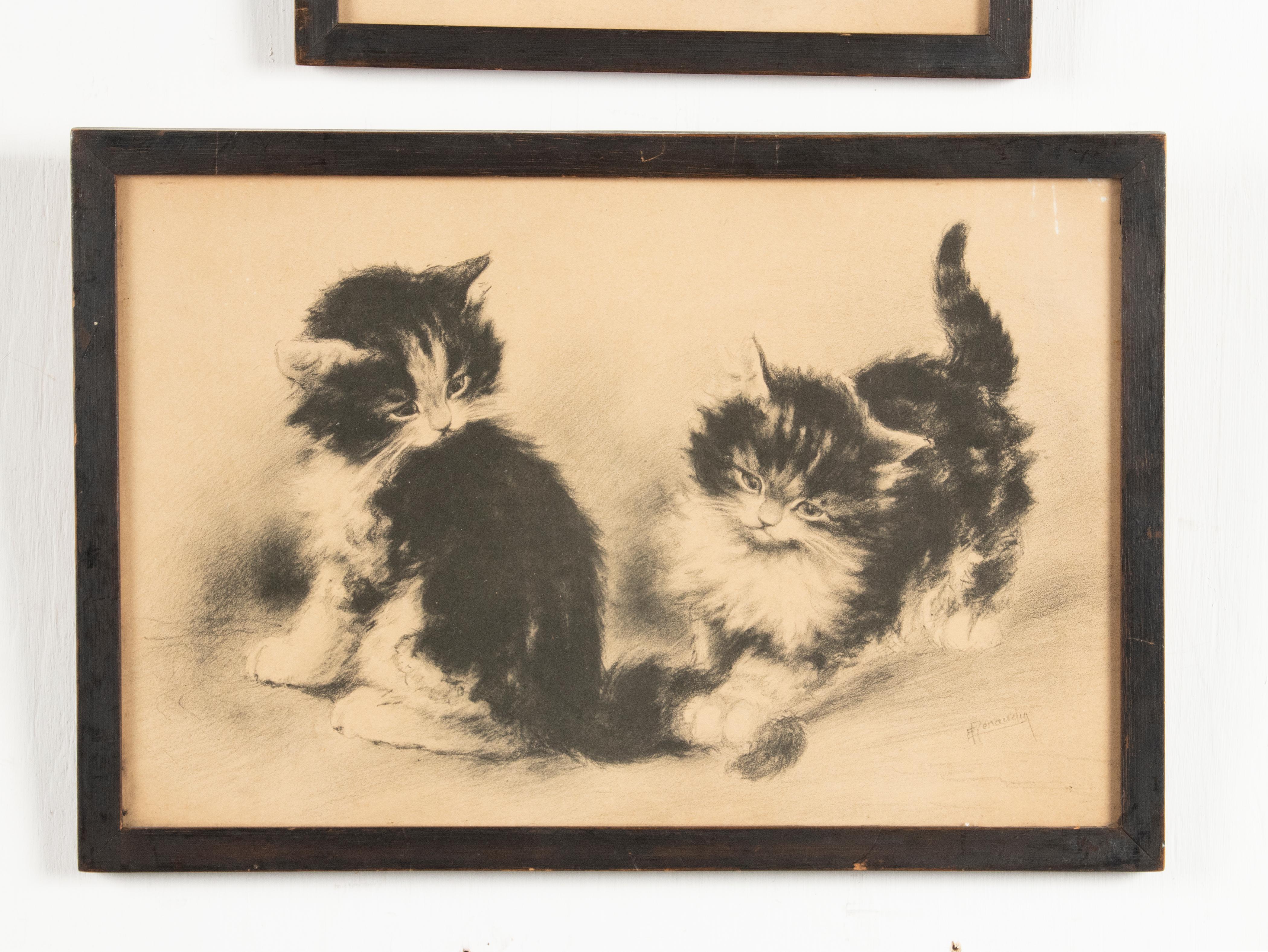 Early 20th Century A pair of Old Prints with Playing Cats by Alfred Renaudin