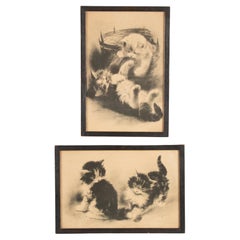 A pair of Old Prints with Playing Cats by Alfred Renaudin