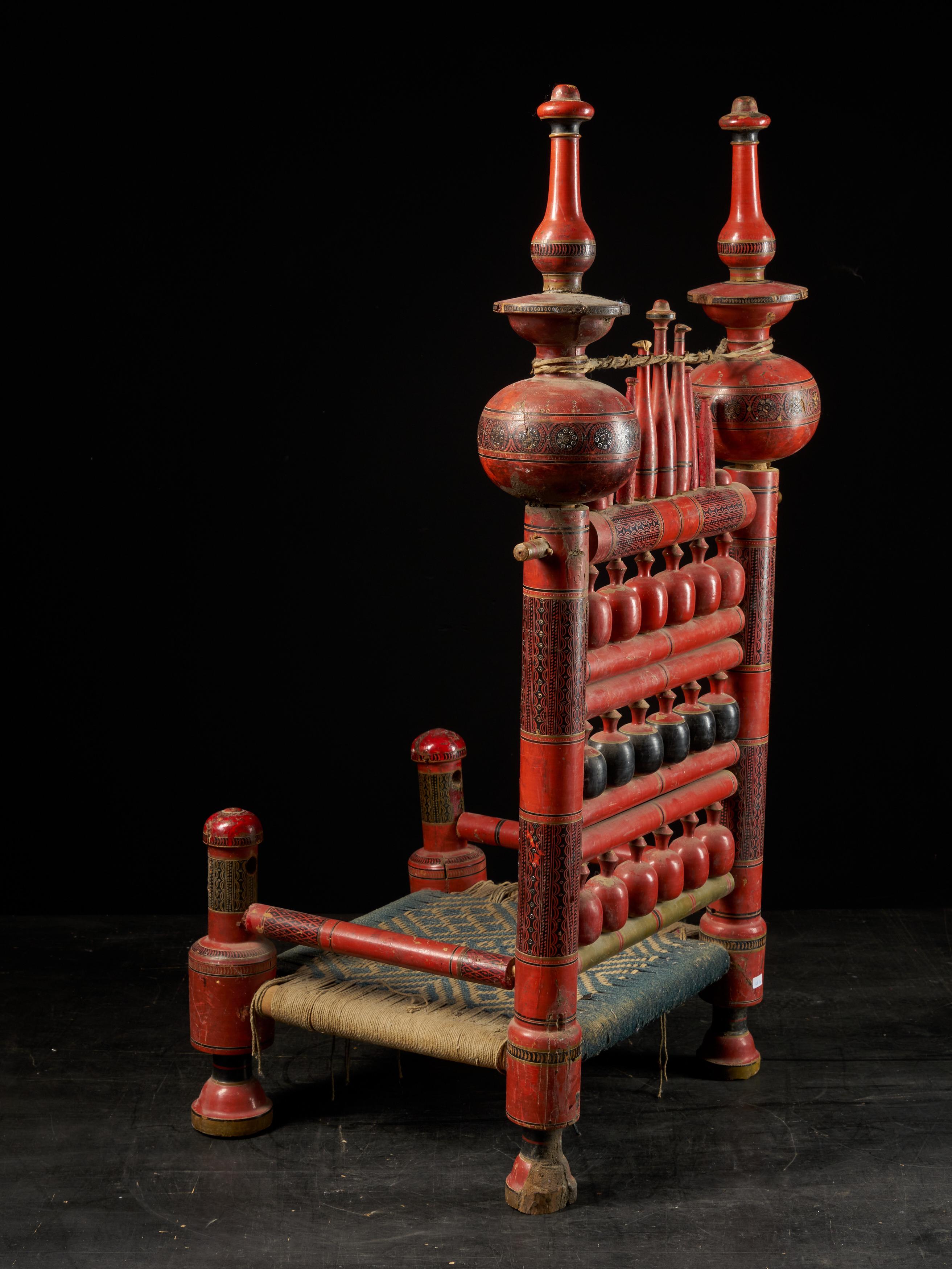 Painted Pair of Old Punjabi Handcrafted Wooden Tribal Wedding Chairs