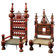 Pair of Old Punjabi Handcrafted Wooden Tribal Wedding Chairs