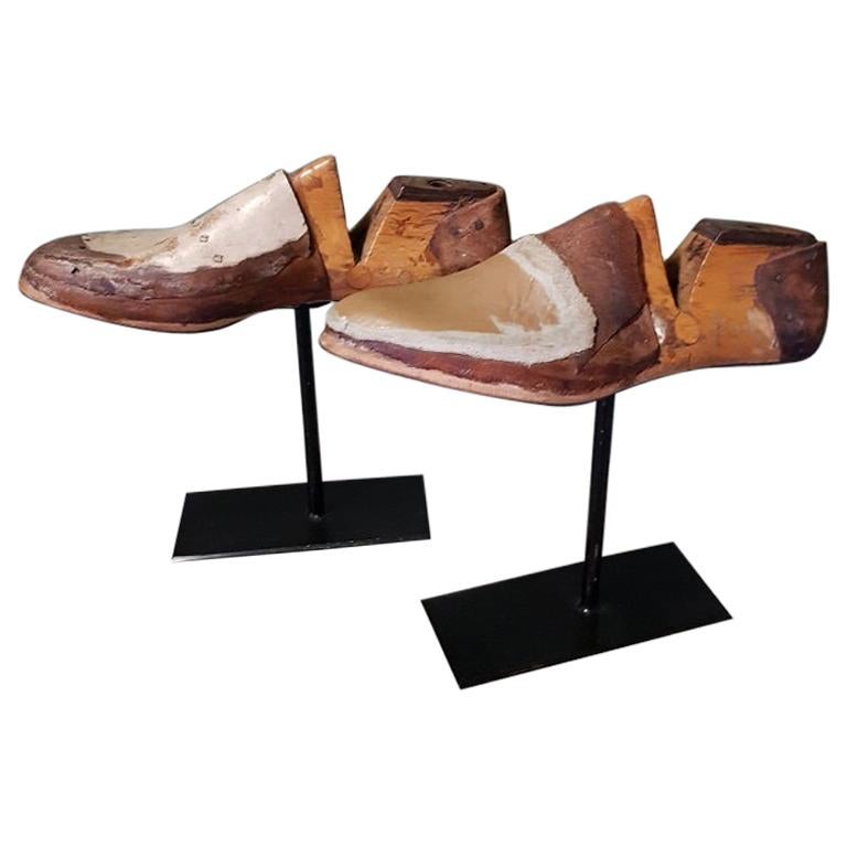 Pair of Old Wooden Shoe Molds on a Metal Standard, First Half of 20th Century For Sale