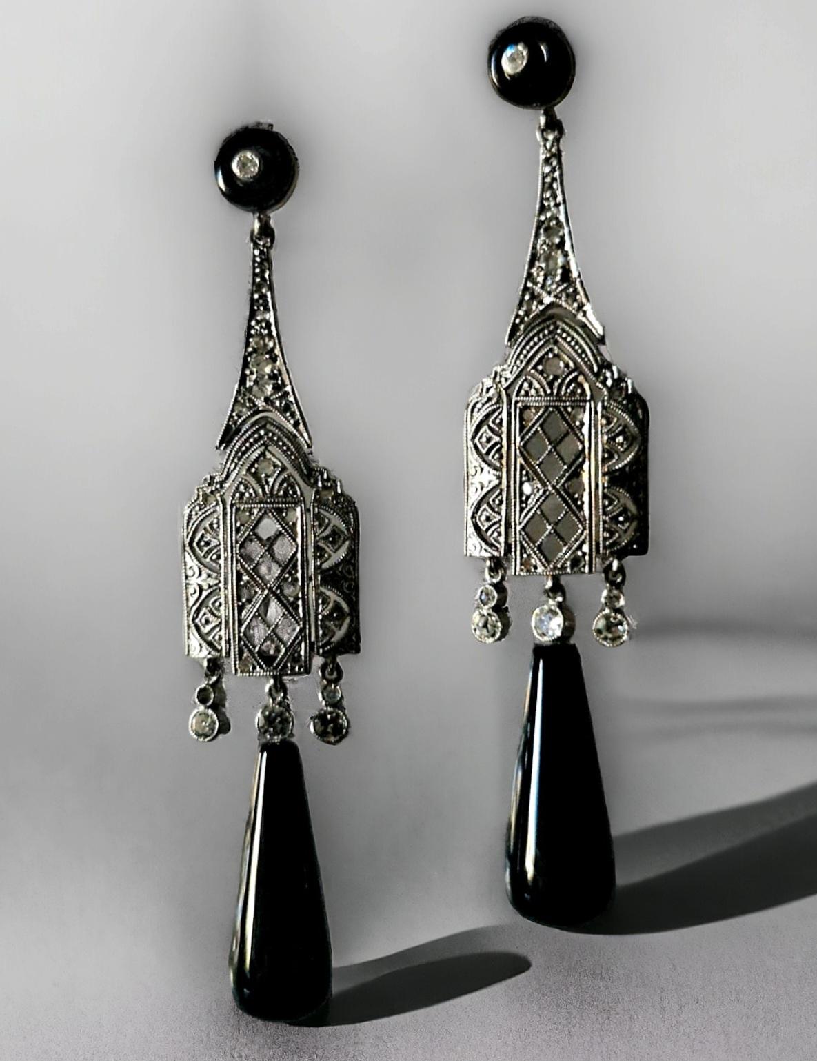 Art Deco A Pair of Onyx and Diamond Earrings. Art-Deco Style. Mounted in Platinum. For Sale