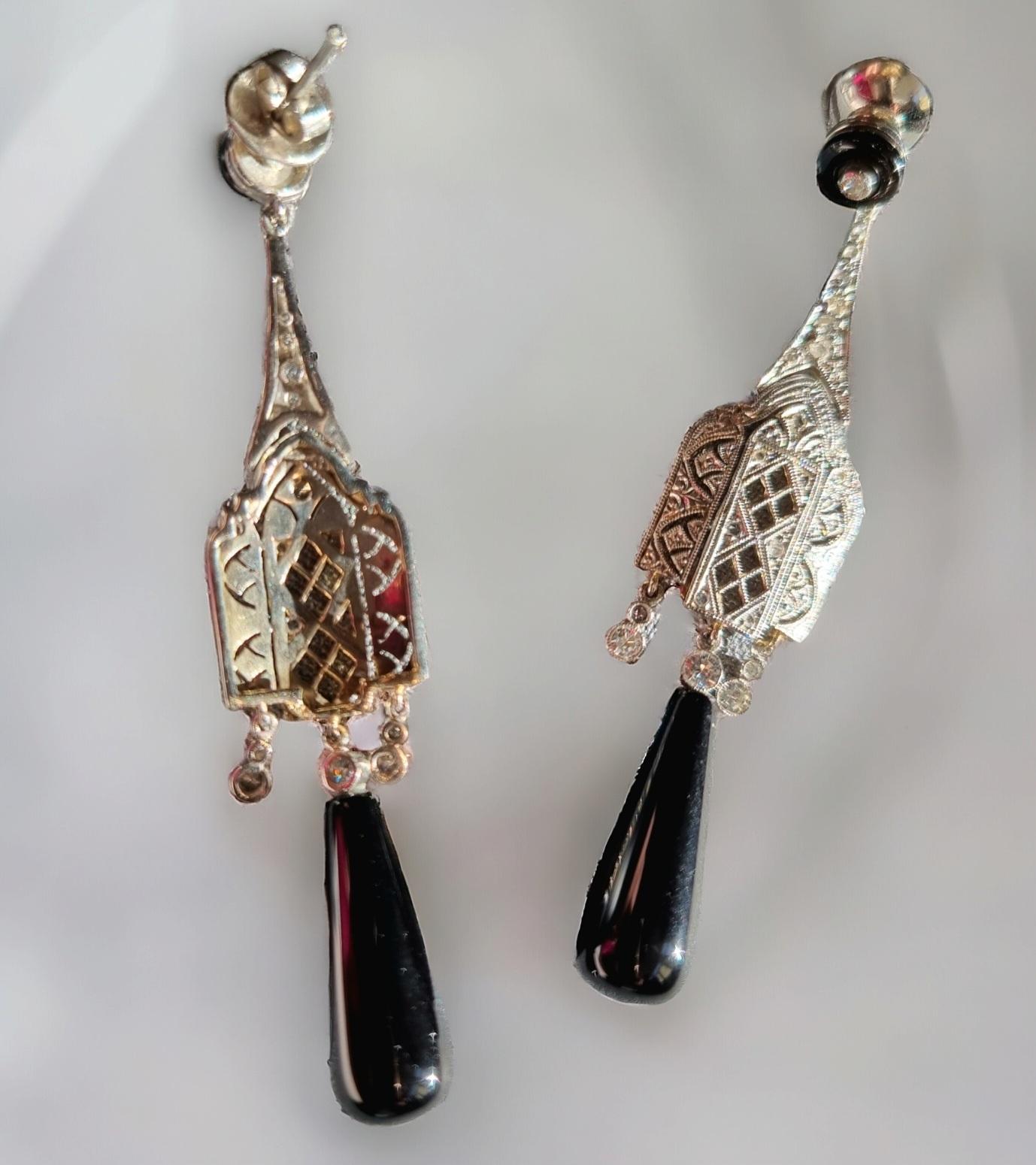 Women's A Pair of Onyx and Diamond Earrings. Art-Deco Style. Mounted in Platinum. For Sale