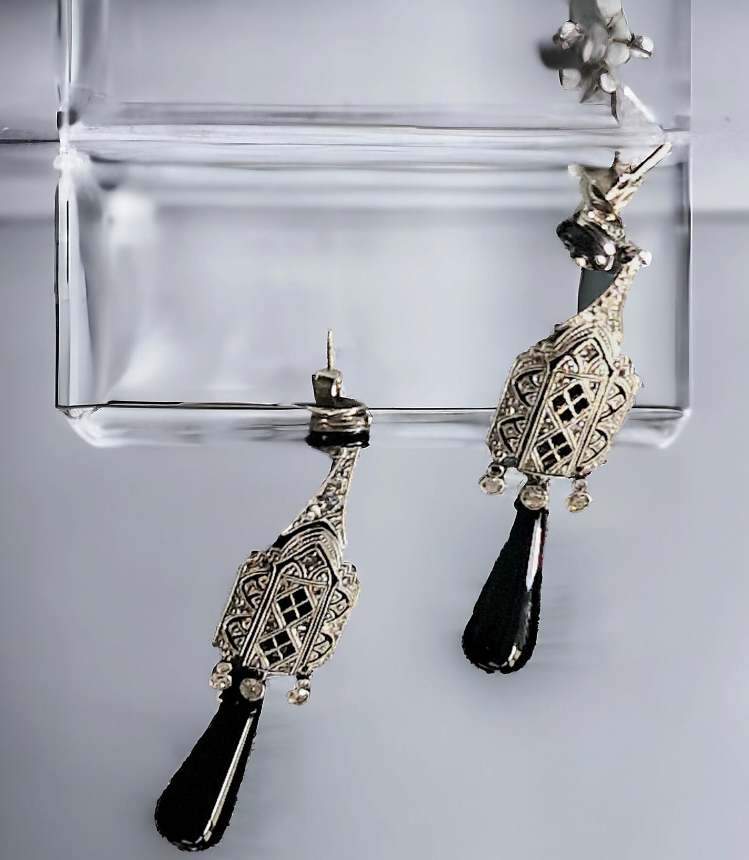 A Pair of Onyx and Diamond Earrings. Art-Deco Style. Mounted in Platinum. For Sale 1