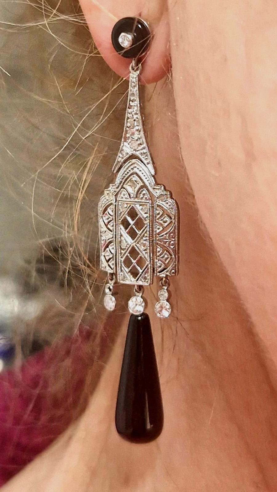 A Pair of Onyx and Diamond Earrings. Art-Deco Style. Mounted in Platinum. For Sale 4