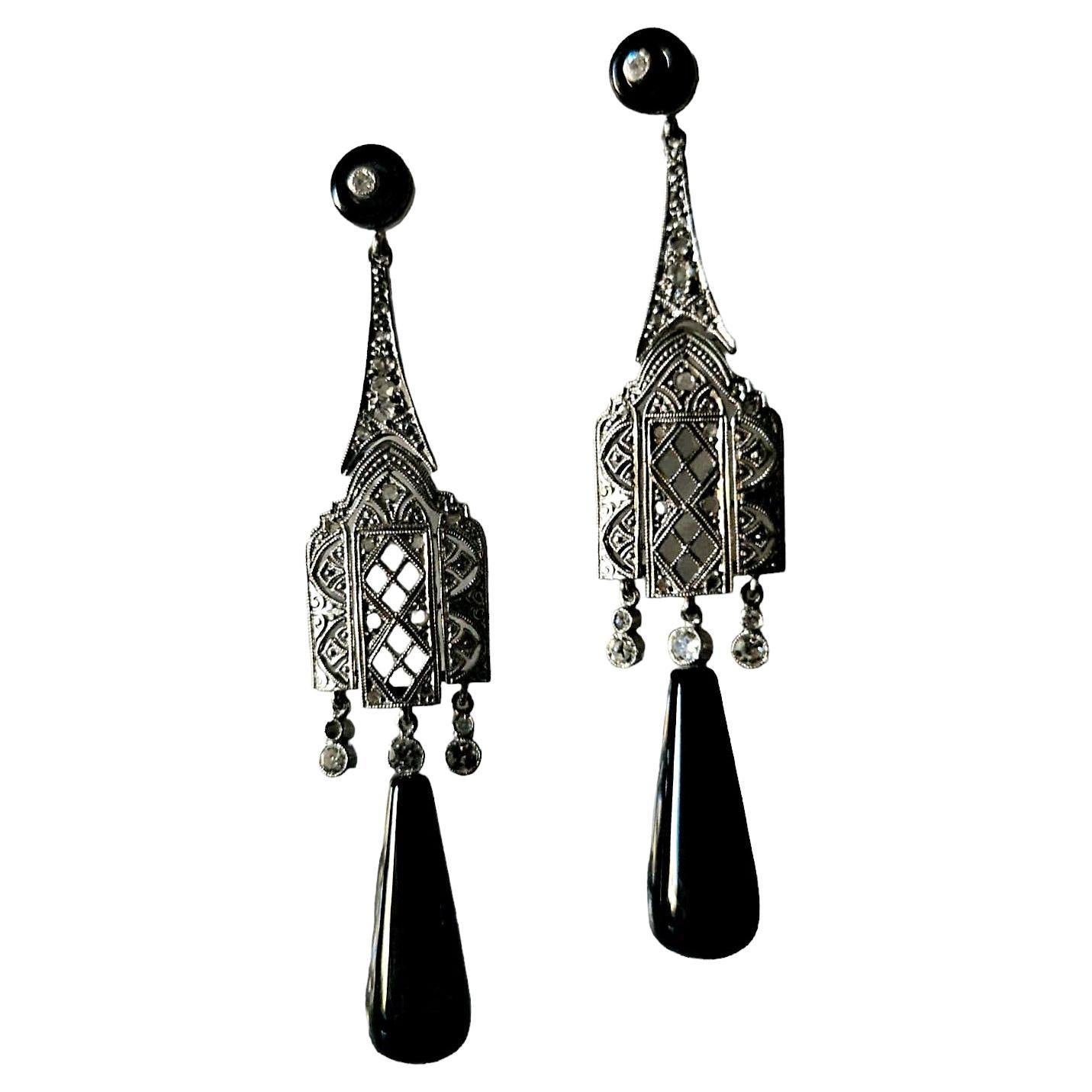 A Pair of Onyx and Diamond Earrings. Art-Deco Style. Mounted in Platinum. For Sale