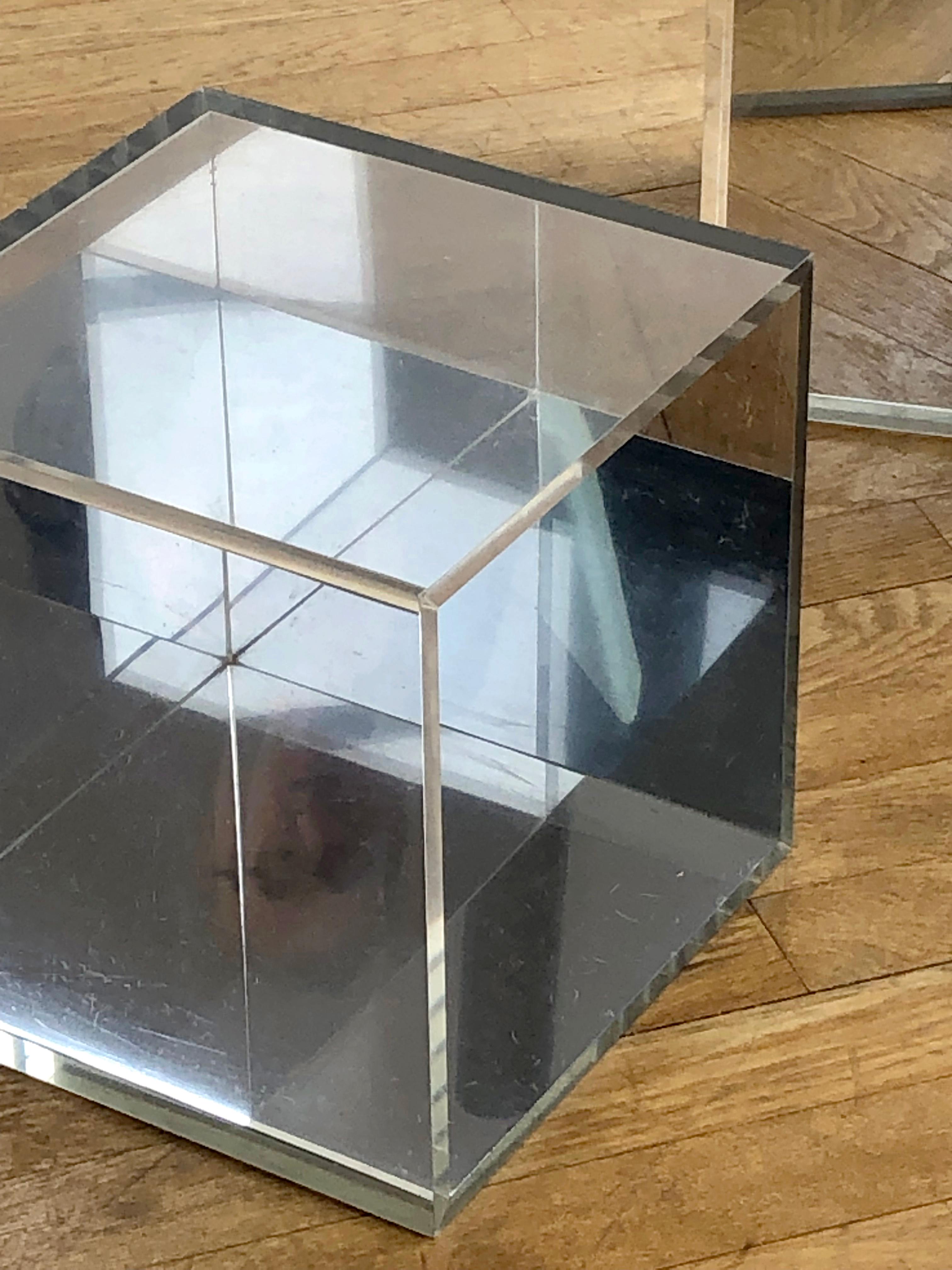 Mirror A Pair of OP-ART LUCITE & MIRROR Infinity NESTING or SIDE TABLES, France 1970 For Sale