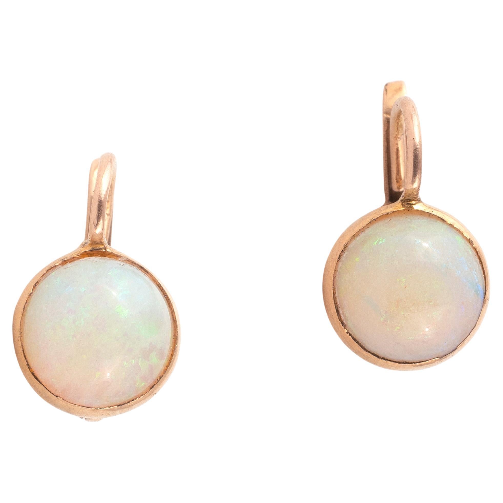 Round Cut A Pair Of Opal And 18kt Yellow Gold Earrings