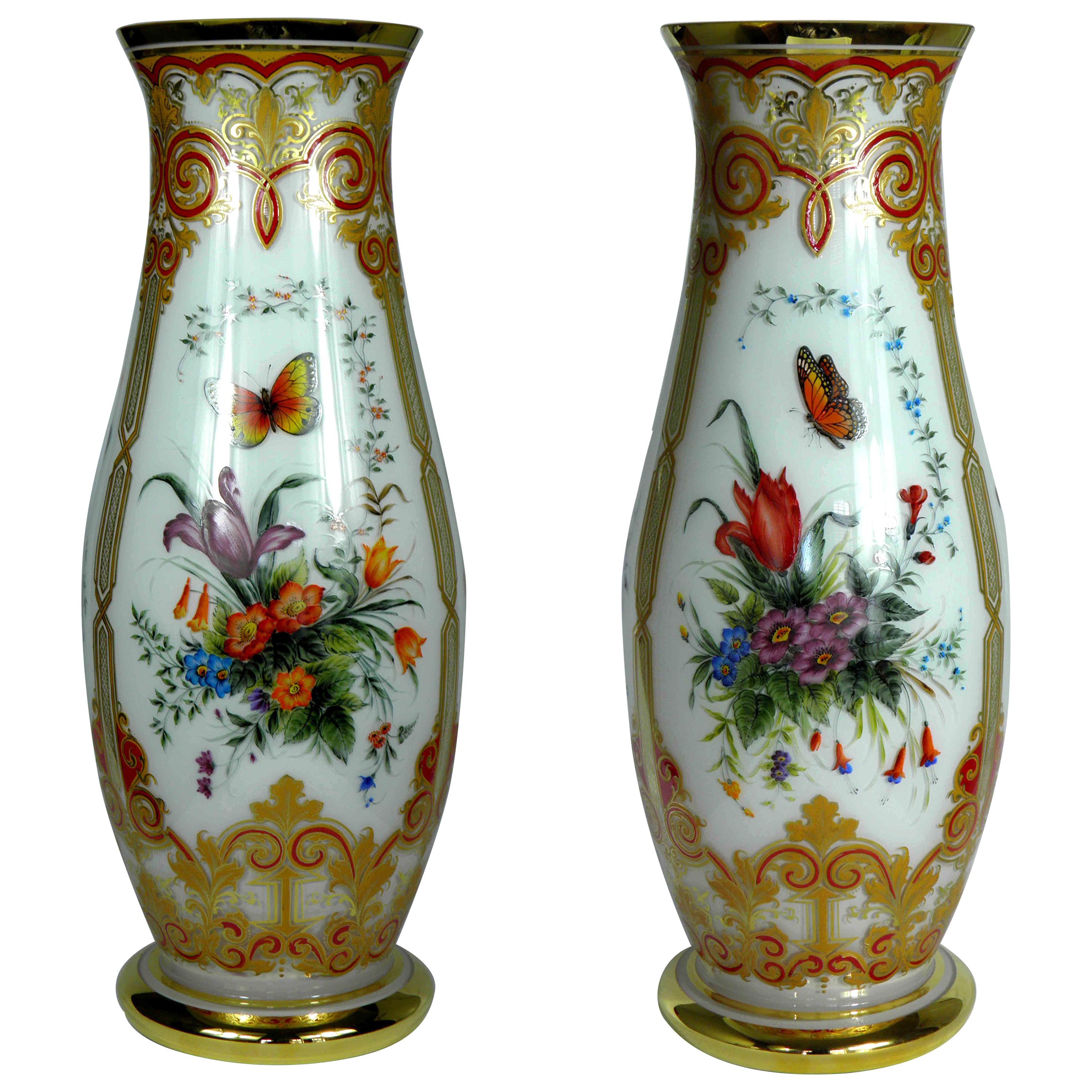 20th Century Pair of Deep Blue and Gold Hand Painted Guilt Sieve Vases