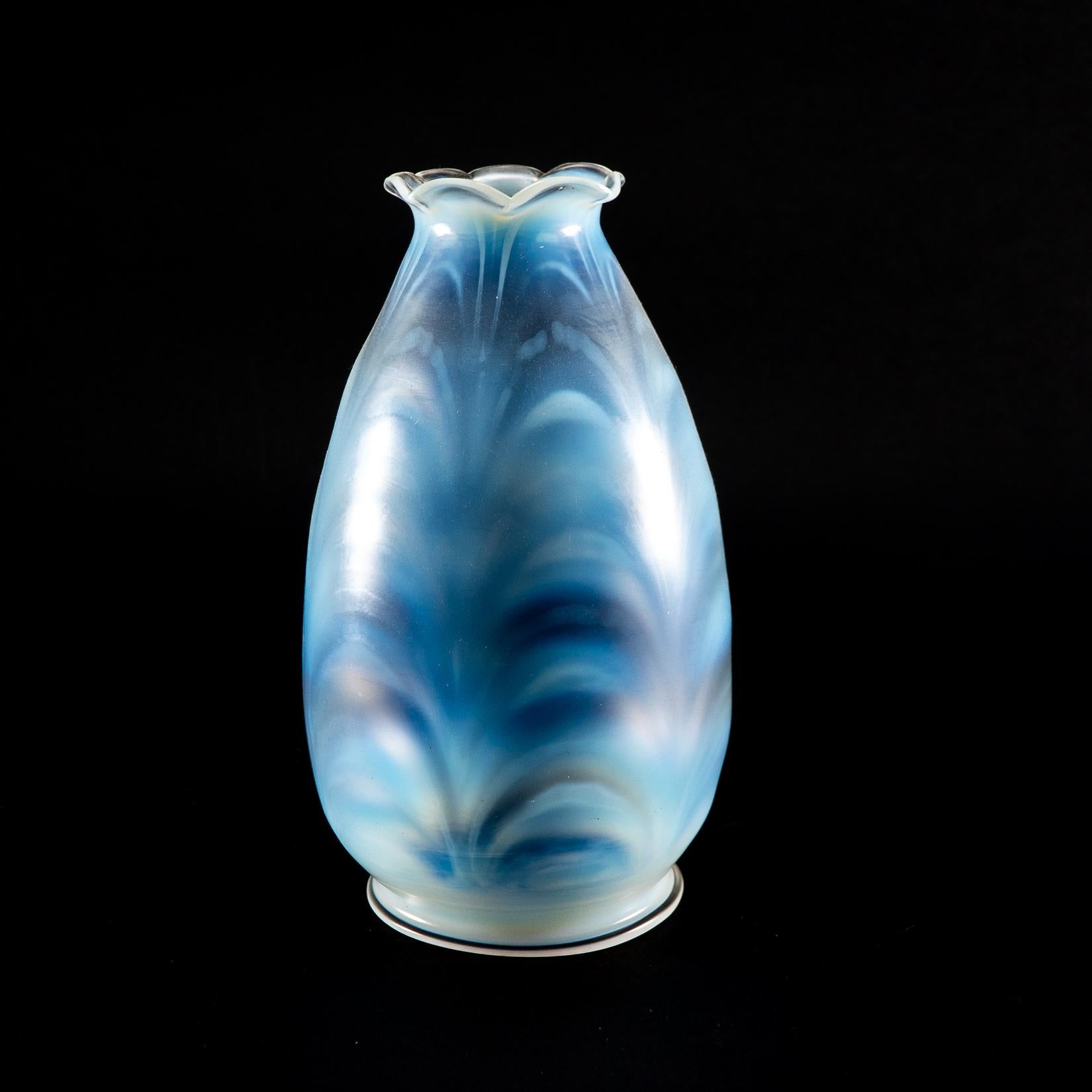 Uranium Glass A Pair of Opalescent Glass Shades with Striking Feathered Patterns For Sale