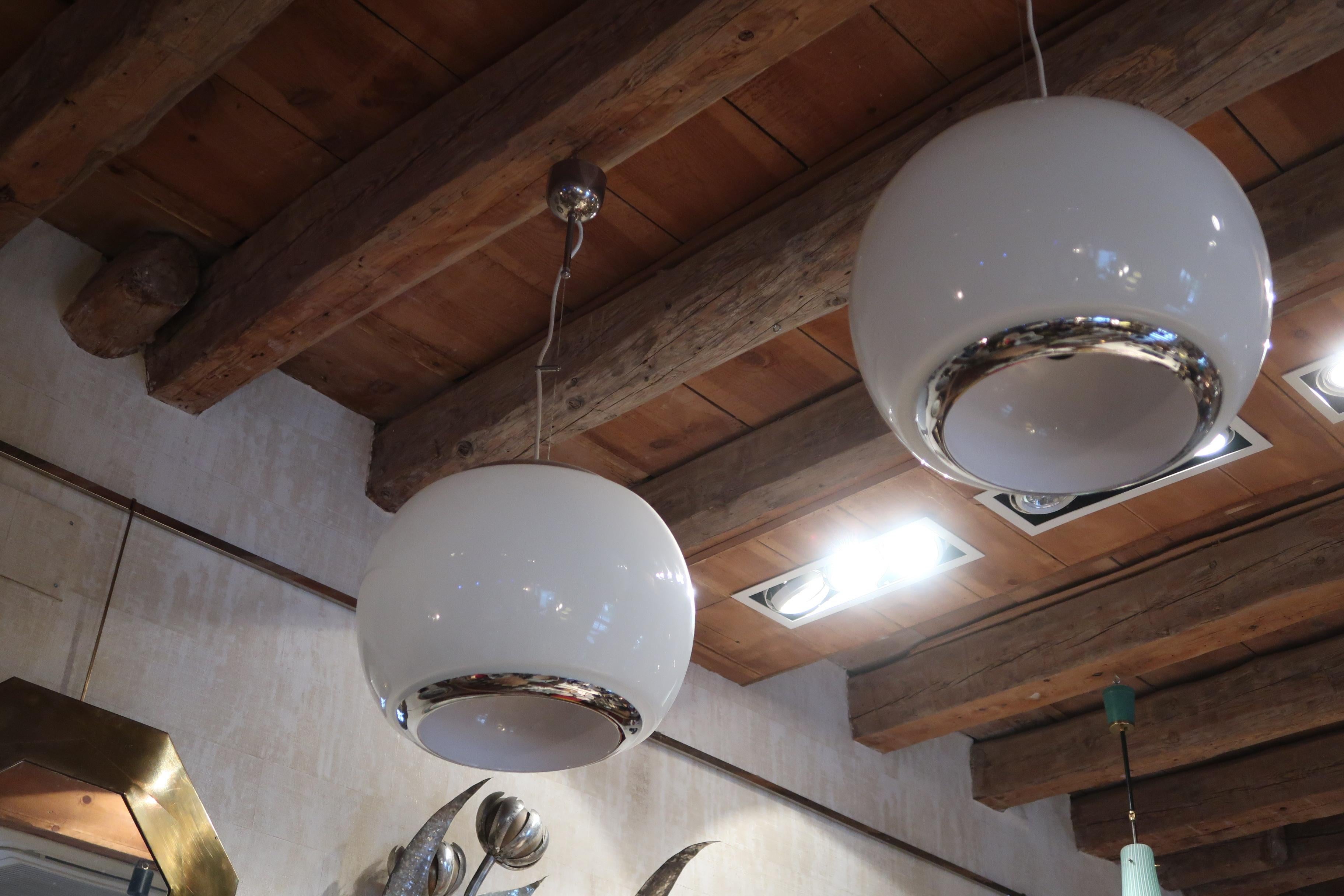 Pair of Opaline Glass and Chromed Midcentury Ceiling Lamps, Italy, 1970 In Good Condition For Sale In Madrid, ES