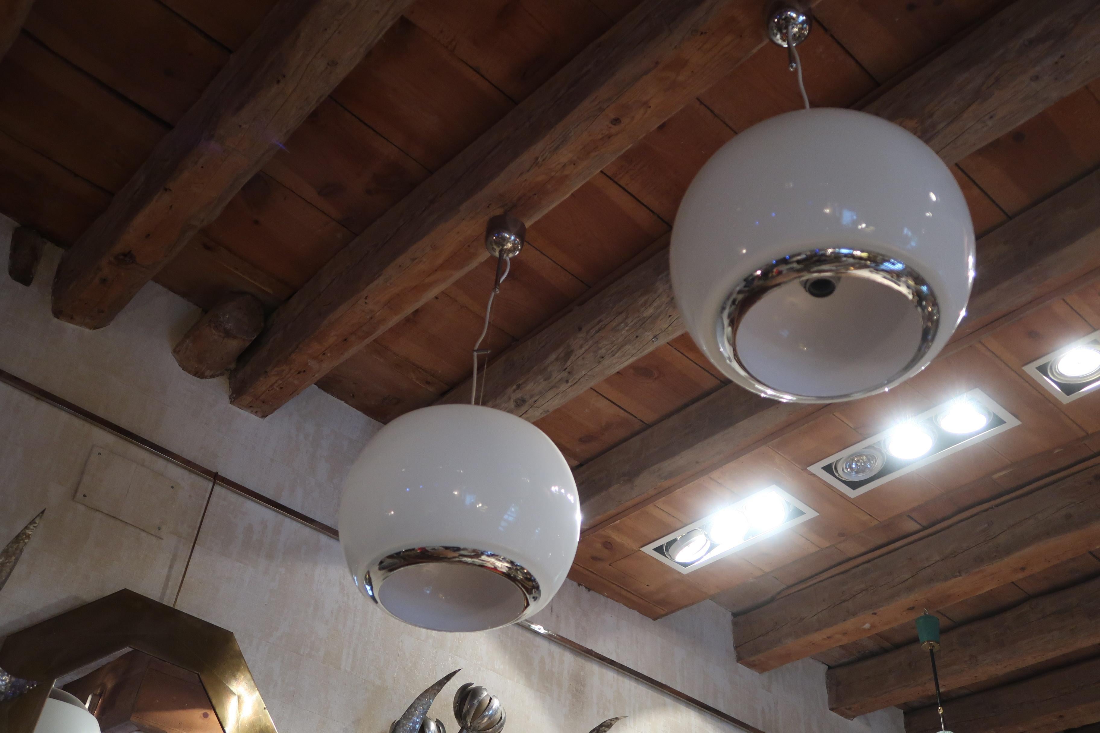 Late 20th Century Pair of Opaline Glass and Chromed Midcentury Ceiling Lamps, Italy, 1970 For Sale