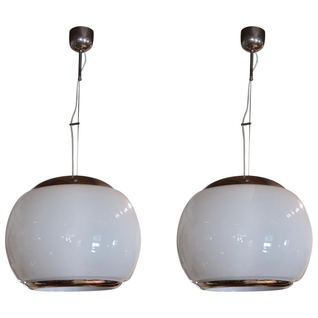 Pair of Opaline Glass and Chromed Midcentury Ceiling Lamps, Italy, 1970 For Sale