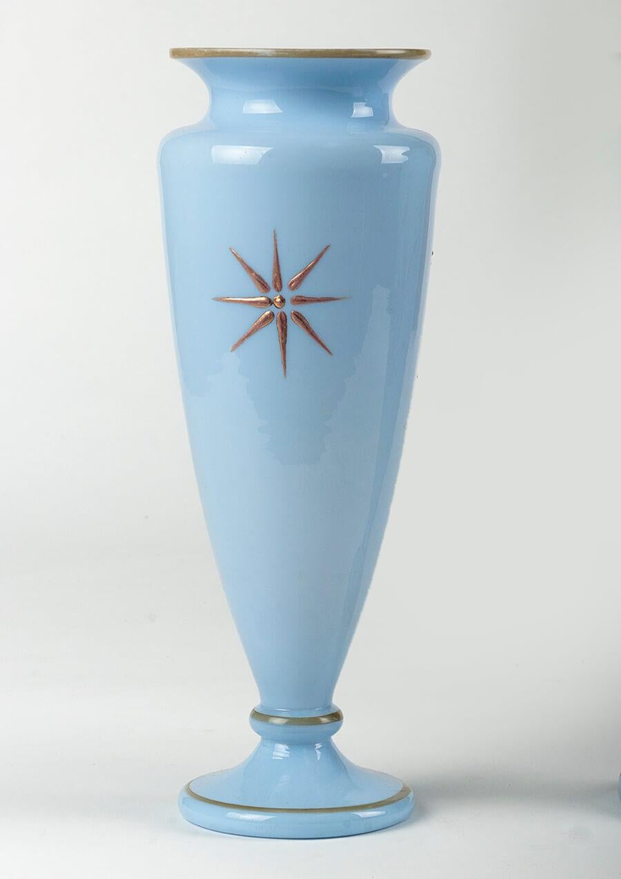 Pair of Opaline Glass Painted Victorian Vases For Sale 3