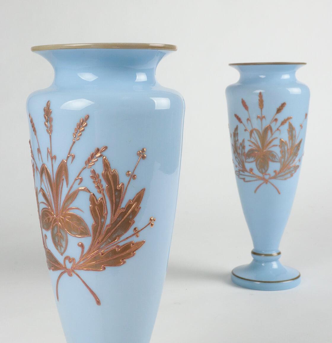 Pair of Opaline Glass Painted Victorian Vases For Sale 7