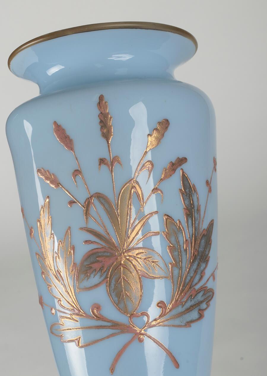 Hand-Painted Pair of Opaline Glass Painted Victorian Vases For Sale