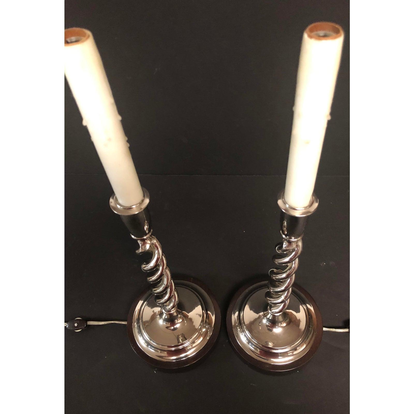 Pair of Open Barley Twist Candlestick Lamps In Good Condition In Norwood, NJ