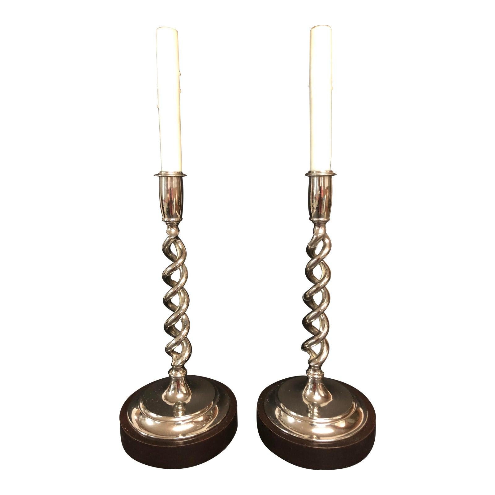 19th Century Pair of Open Barley Twist Candlestick Lamps