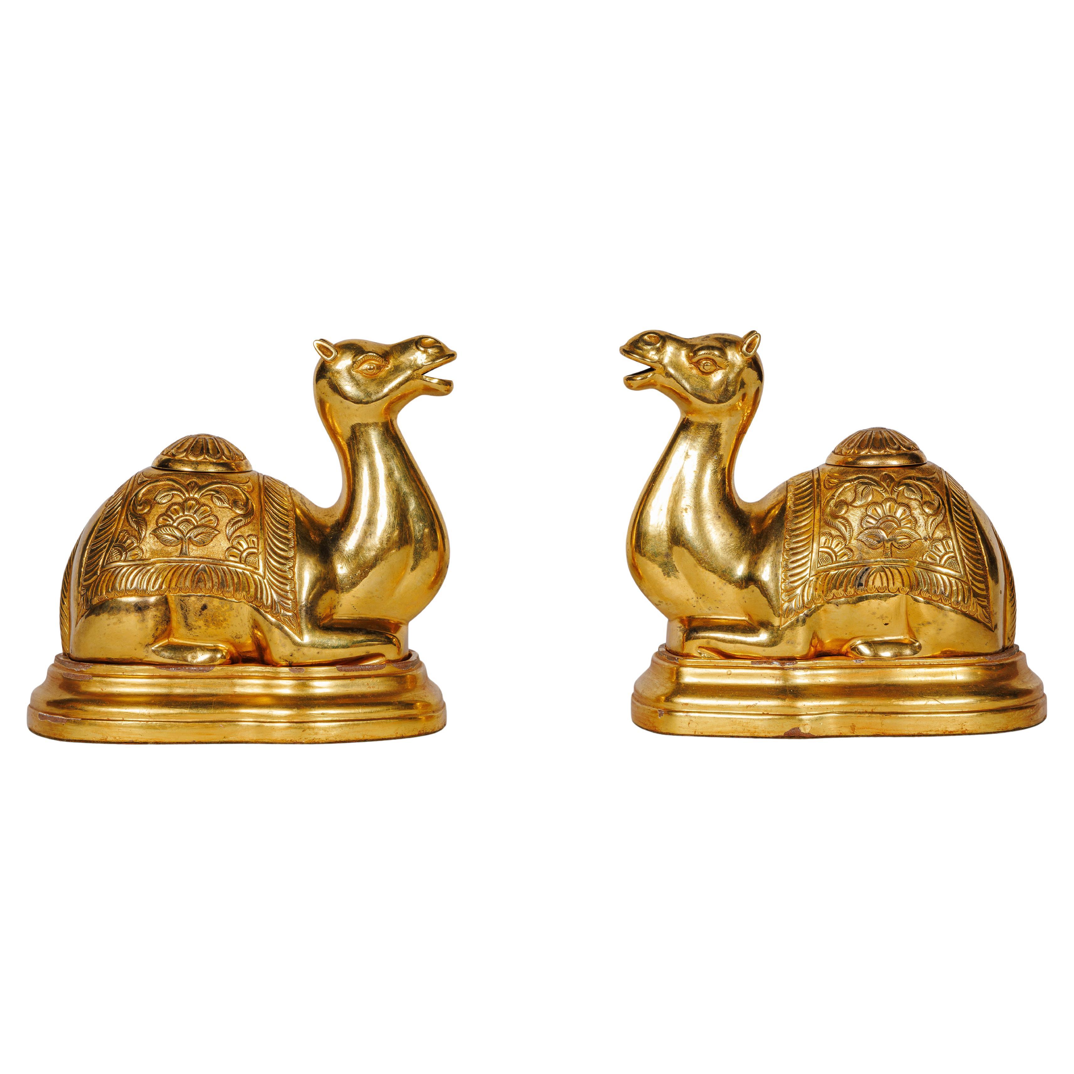 A Pair of Opulent Sterling Silver-Gilt Camel Incense Burners, circa 1900