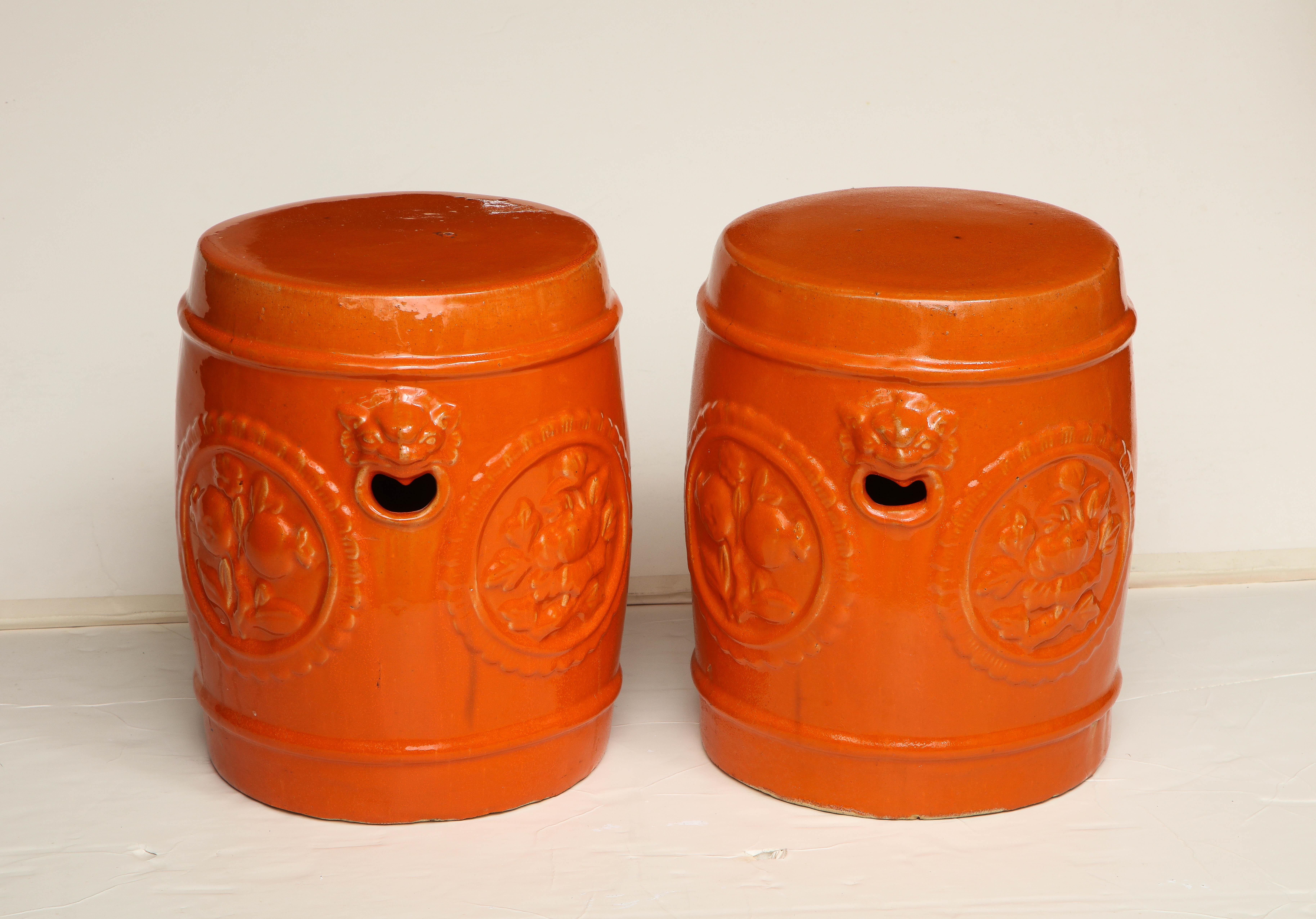 Chinese Pair of Orange Ceramic Garden Stools