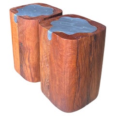 A pair of organic modern tree stump side tables with chrome filling, late 20th c