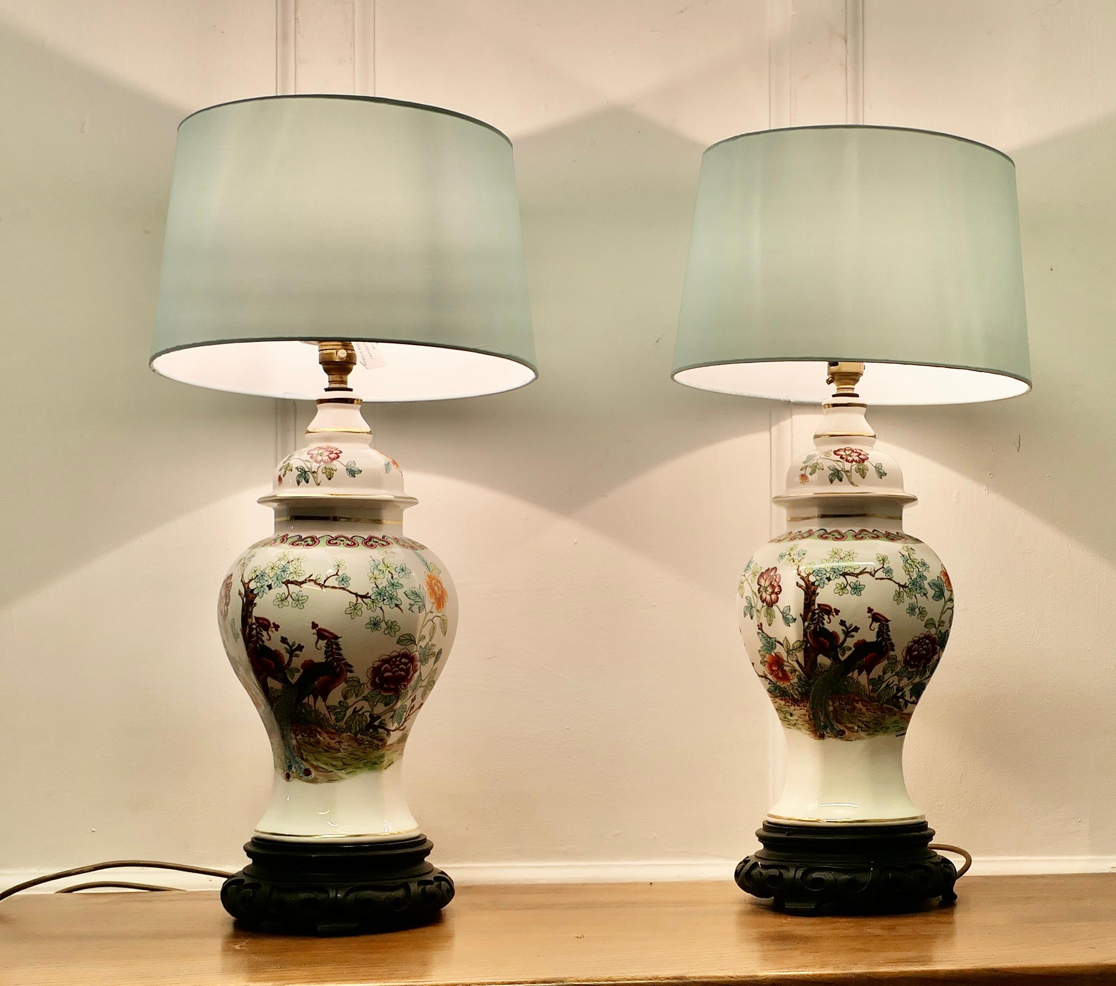 Paar orientalische Porzellanvasenlampen aus Porzellan 


Ein schönes Vintage-Paar aus dem 20. Jahrhundert, die Lampen wurden mit neuen blassblauen Schirmen versehen
Jede Vase hat eine Kartusche mit mythischen Szenen, die exotische Vögel und Pflanzen