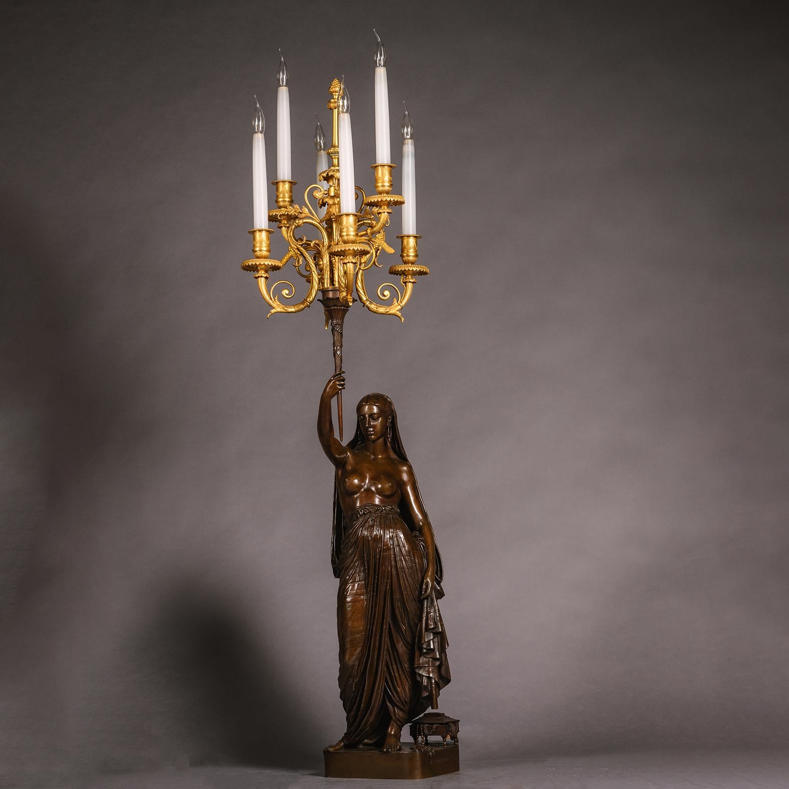 French A Pair of Orientalist Patinated-Bronze Figural Torchères Cast by Barbedienne For Sale