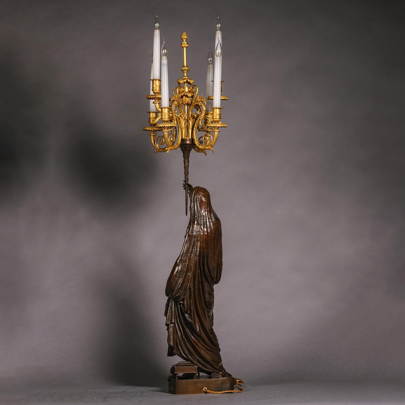 Gilt A Pair of Orientalist Patinated-Bronze Figural Torchères Cast by Barbedienne For Sale
