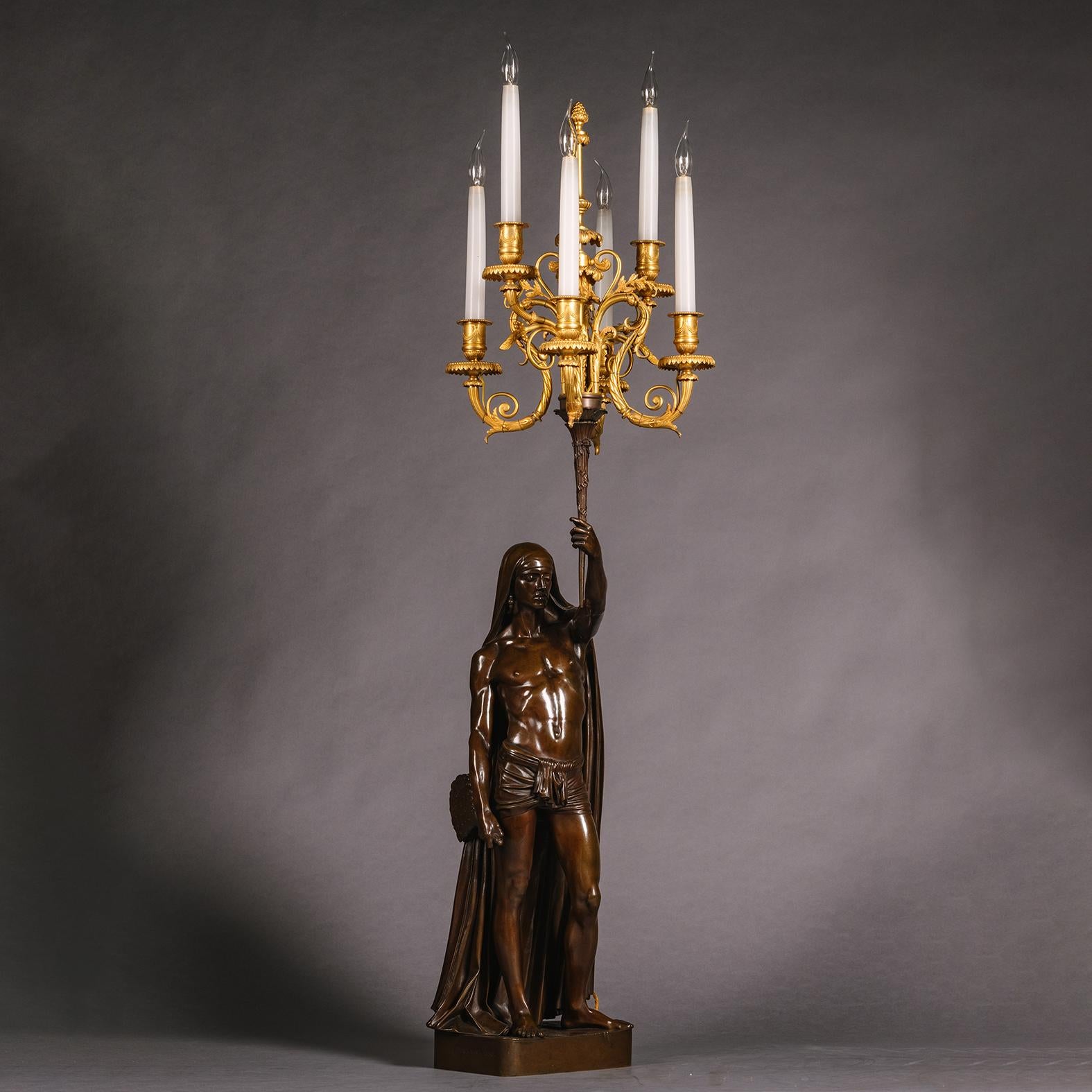 A Pair of Orientalist Patinated-Bronze Figural Torchères Cast by Barbedienne In Good Condition For Sale In Brighton, West Sussex