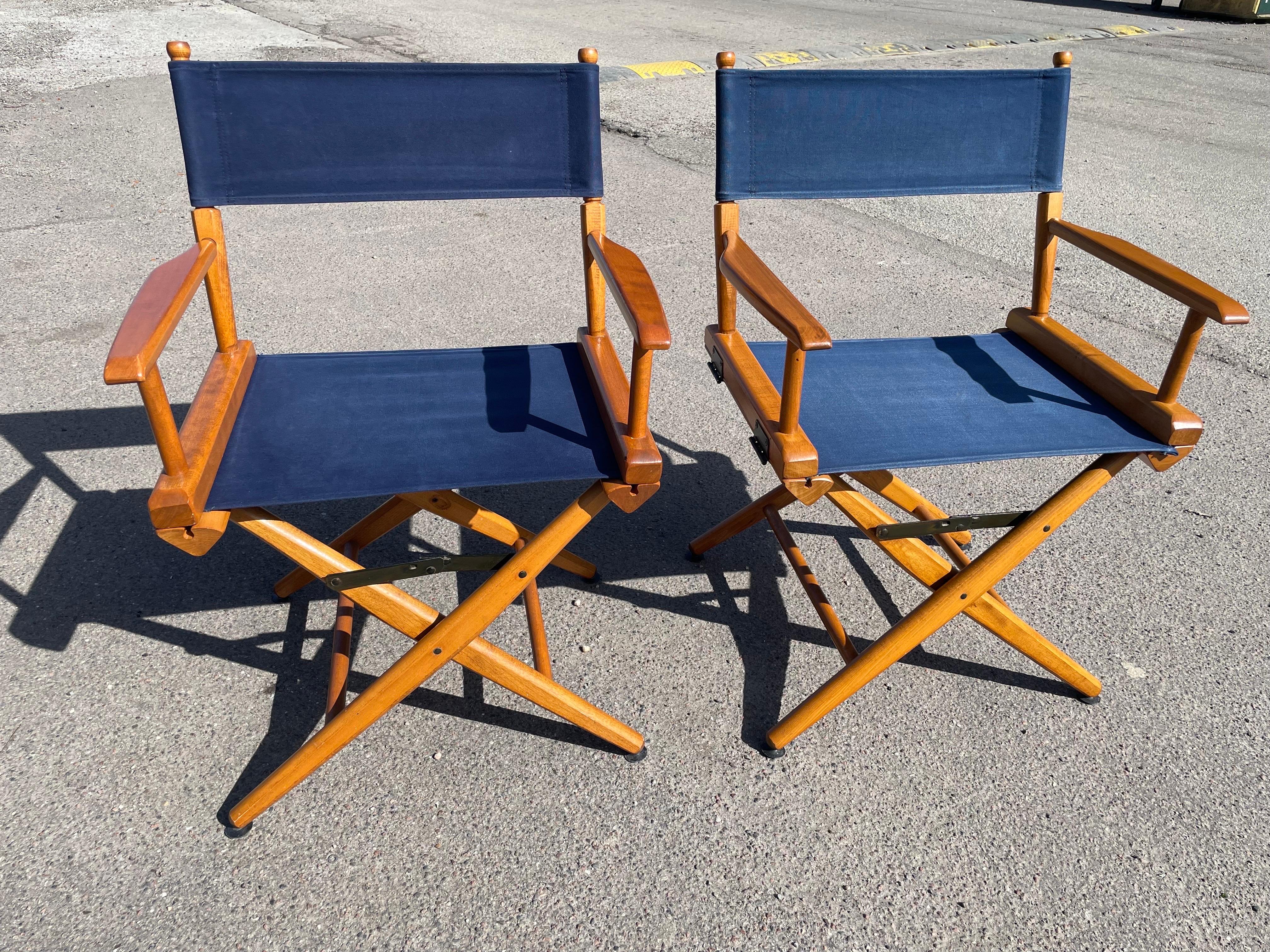 A beautiful pair of director chairs In pristine original condition, they are a testament to their enduring quality, meticulously maintained and waiting to enhance your leisure moments. With a nod to the 1970s design aesthetic, these chairs are