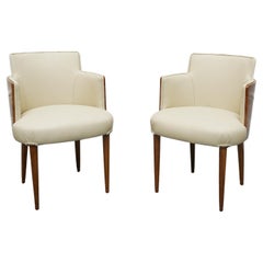 Pair of Original Art Deco Burr Walnut and Cream Leather Chairs 