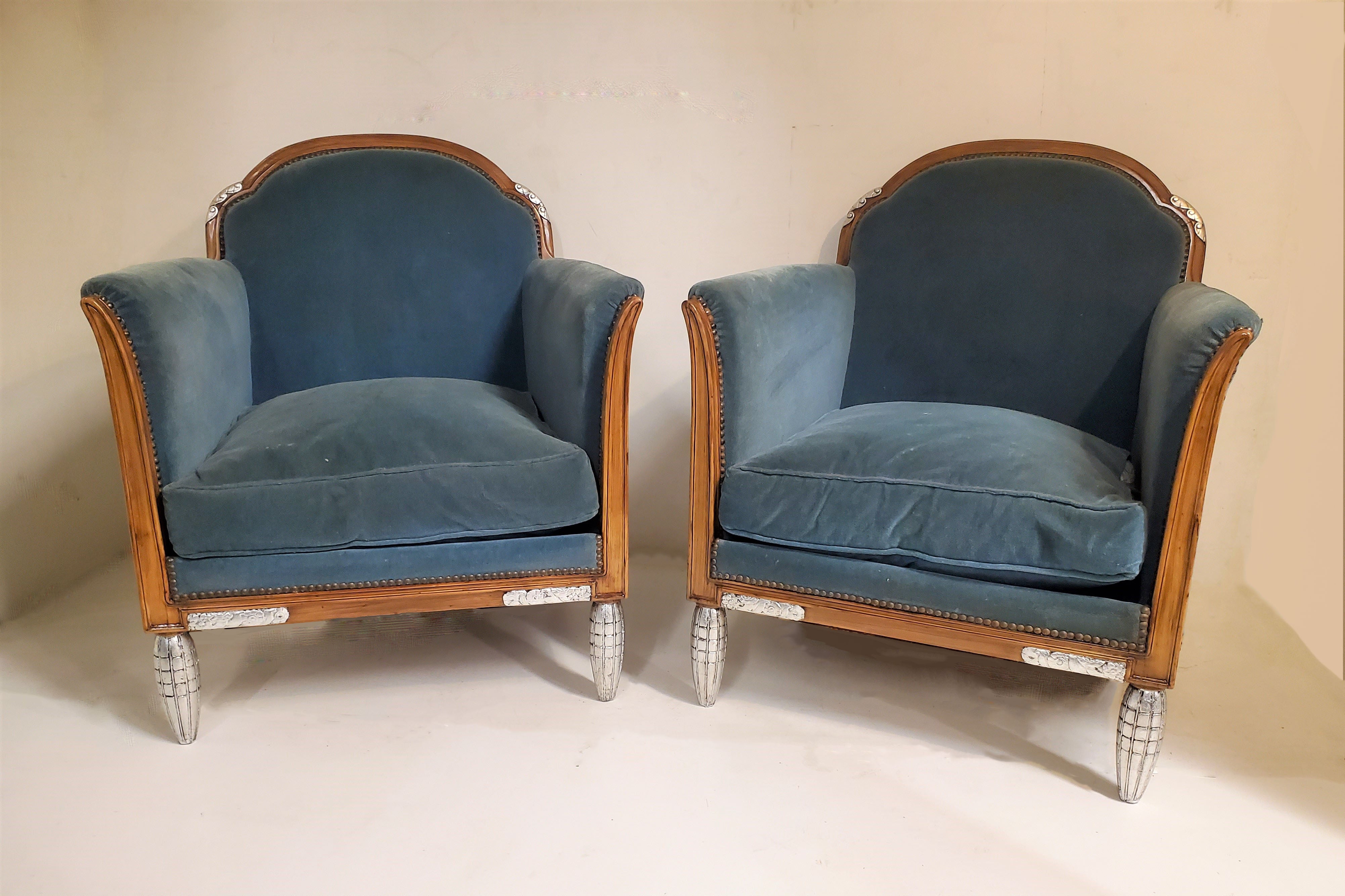 Pair of Original French Art Deco Walnut and Metal Leaf Arm Chairs Paul Follot For Sale 11