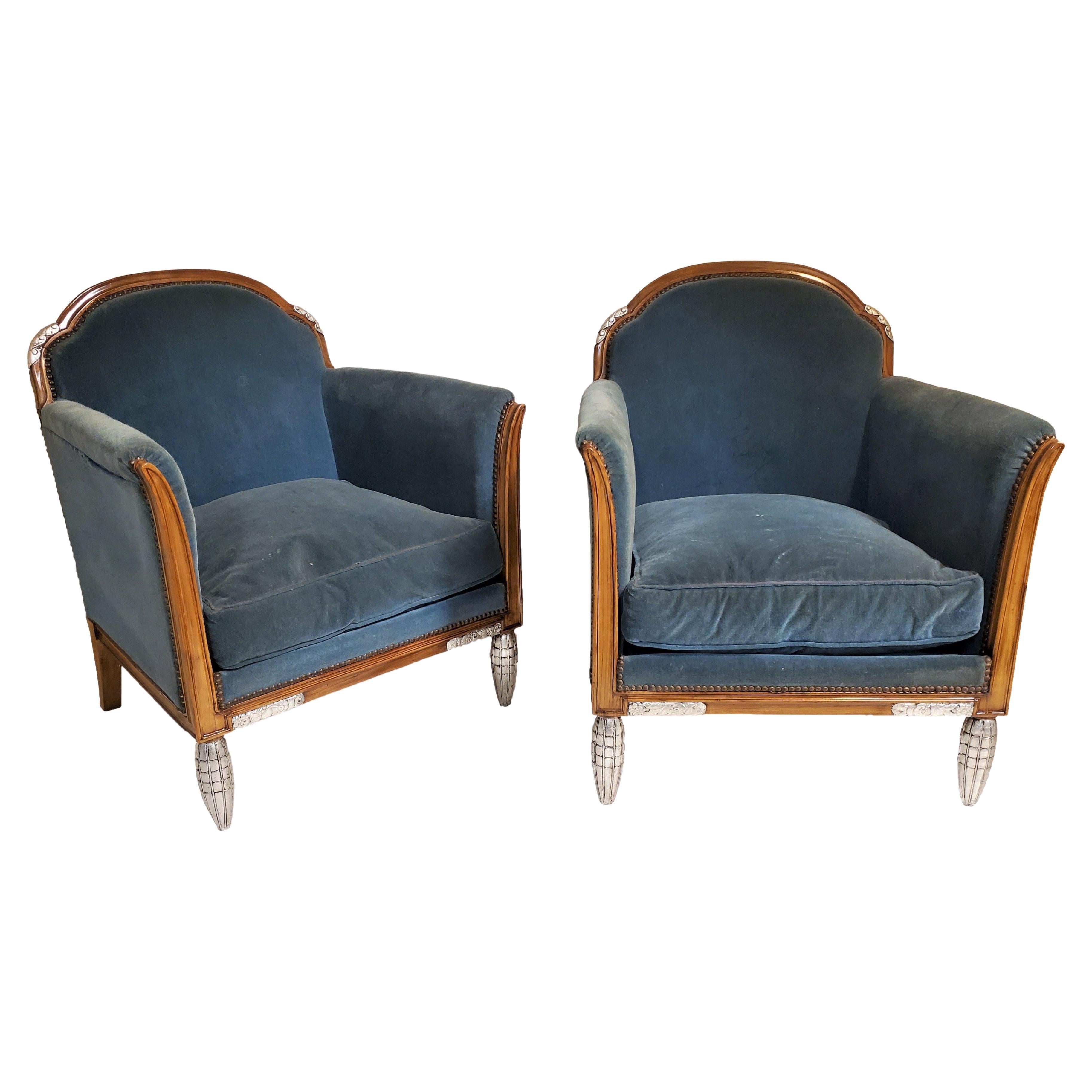 Pair of Original French Art Deco Walnut and Metal Leaf Arm Chairs Paul Follot For Sale