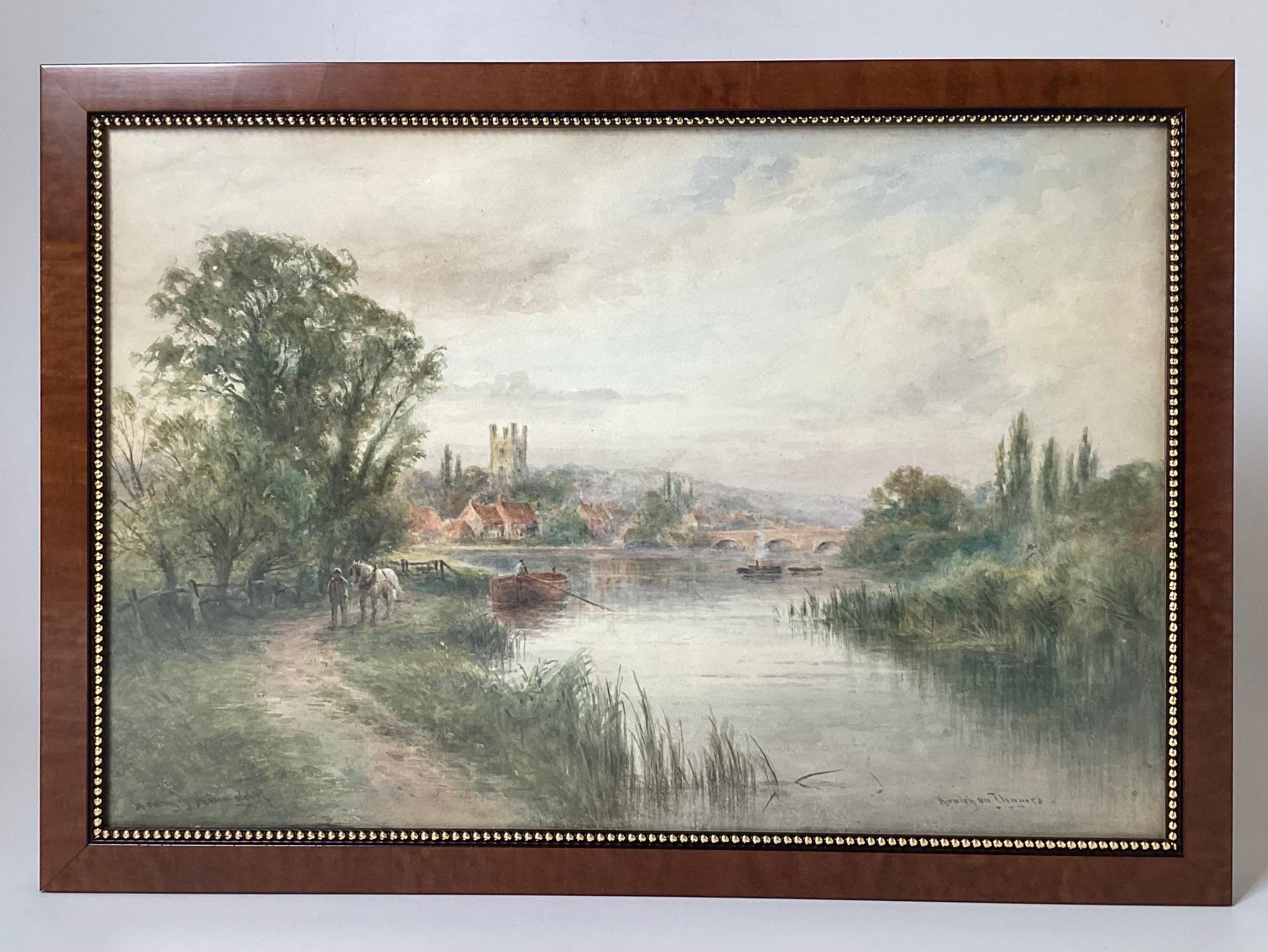 Pareja de acuarelas pintadas a mano de Paisajes campestres de Henley-on Thames. Ambos firmados por el artista en las esquinas inferiores, representan paisajes de la ciudad de Henely on Thames, Inglaterra, y están fechados en 1912. Marcos más nuevos