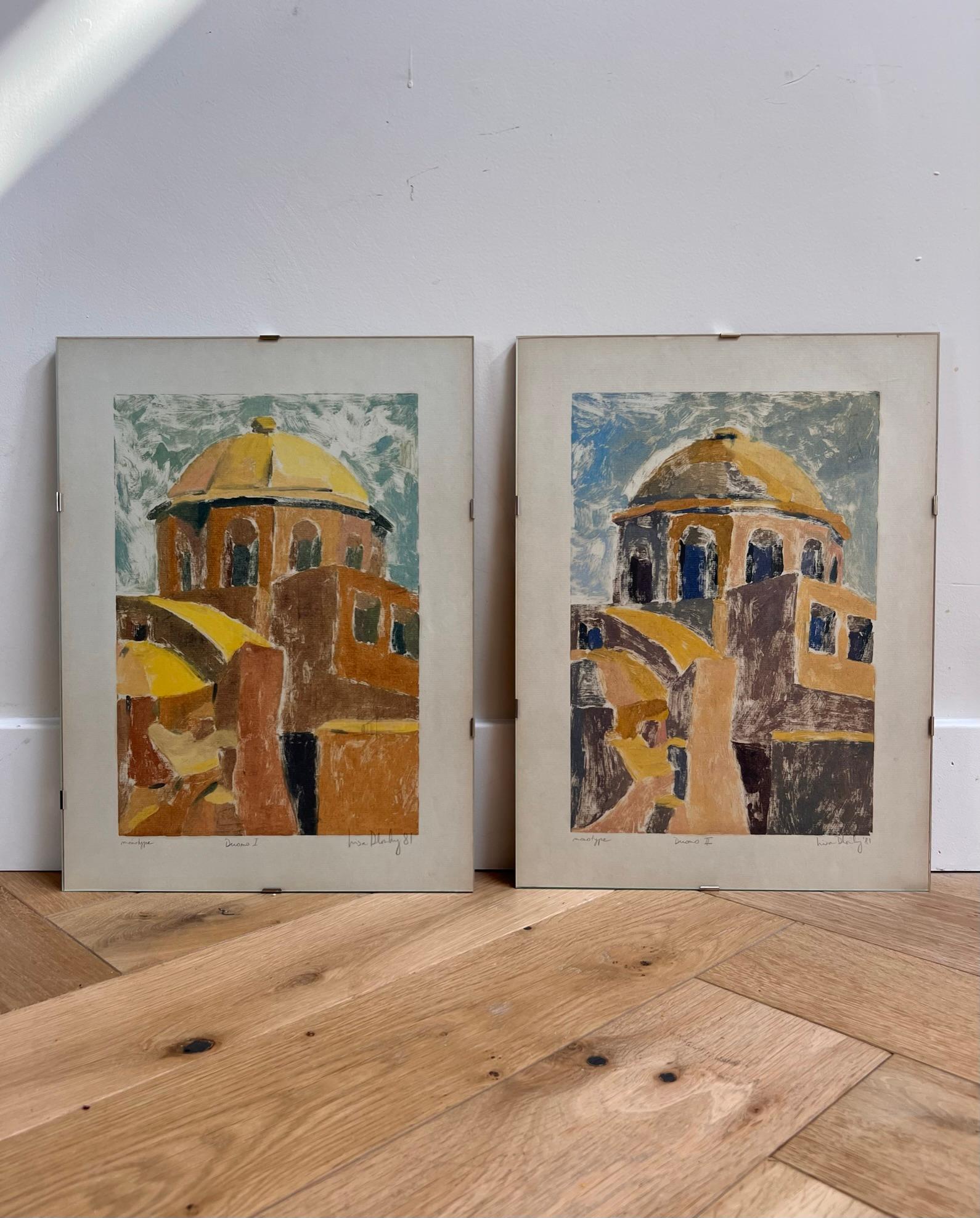 Two original monotype etching prints, “Duomo I” and “Duomo II” by artist Lisa Dlouhy, made in Italy 1981. Dlouhy is a Czech-Armenian artist who studied under the close tutelage of renowned Italian artist Manlio Guberti. Guberti was mainly known for
