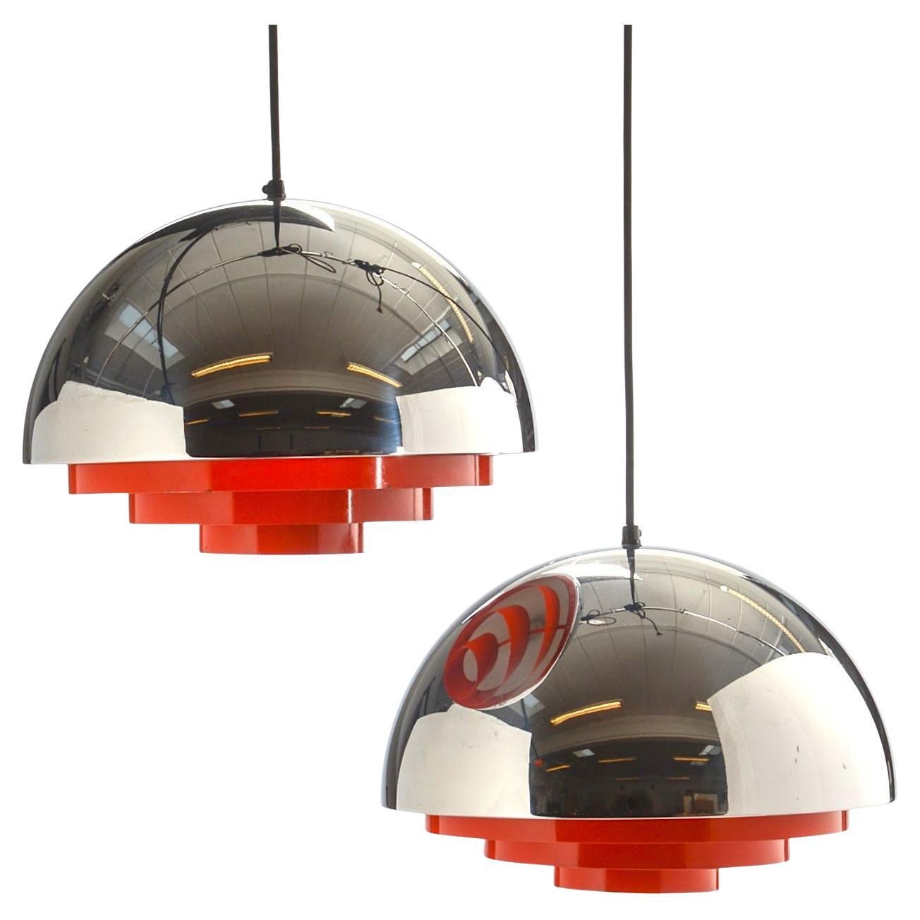 Pair of Orignal Chrome and Orange "Milieu" Ceiling Lights by Jo Hammerborg For Sale