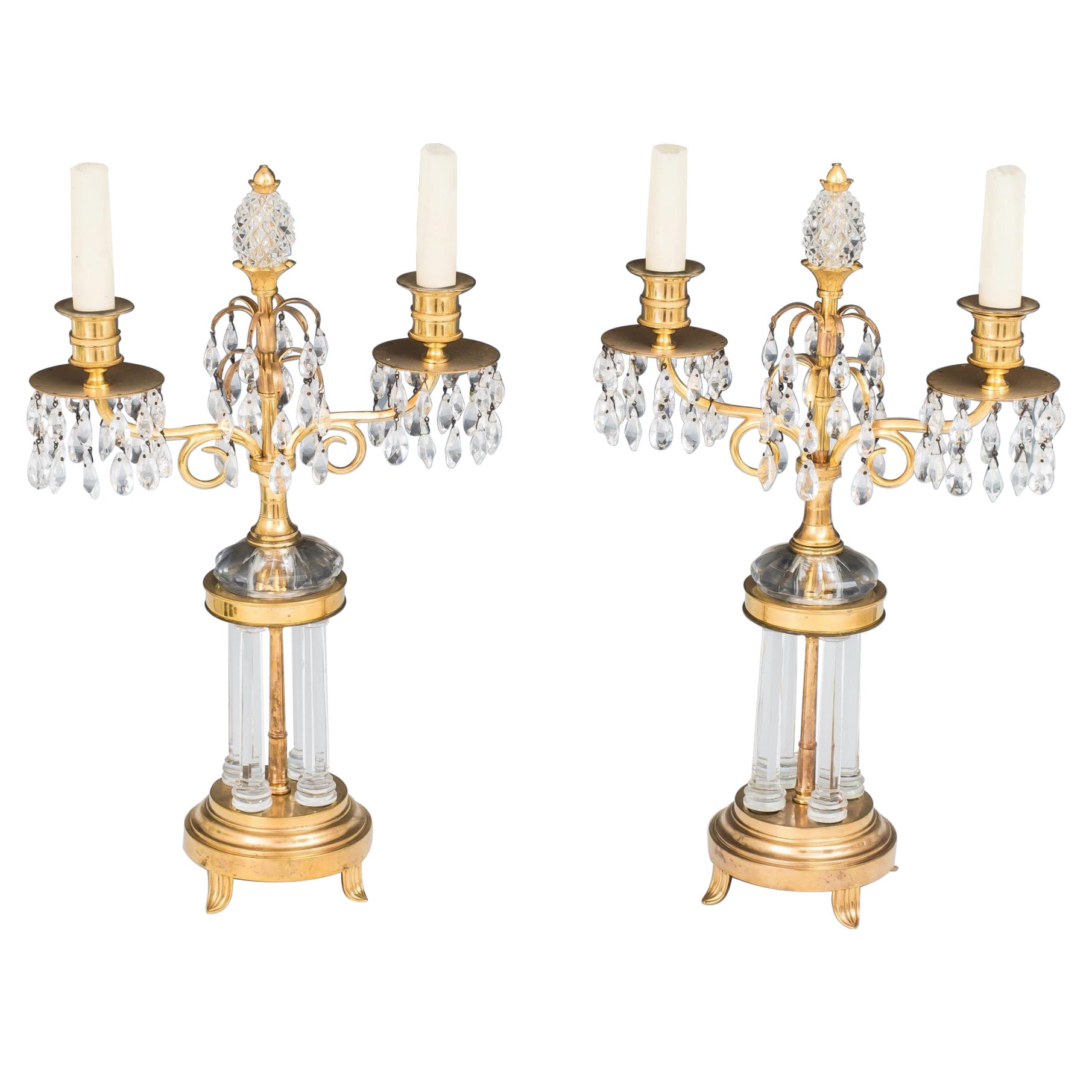 A Pair of Ormolu and Glass Temple Candelabra