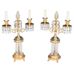Coppia di candelabri a tempio in vetro e ormolu