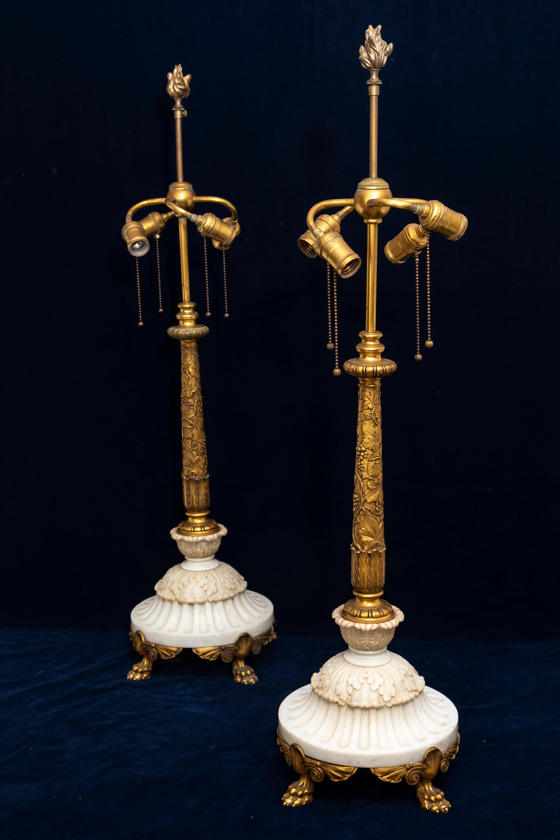 Louis XVI A Pair of Ormolu and Marble Table Lamps, Signed Sterling Bronze Co. New York For Sale