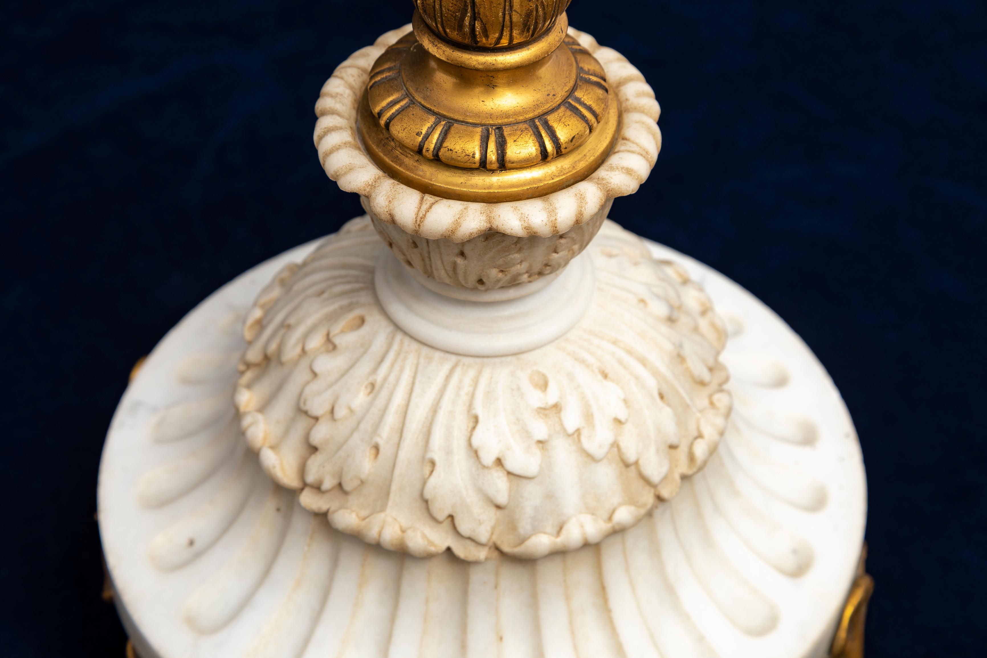 Hand-Carved A Pair of Ormolu and Marble Table Lamps, Signed Sterling Bronze Co. New York For Sale