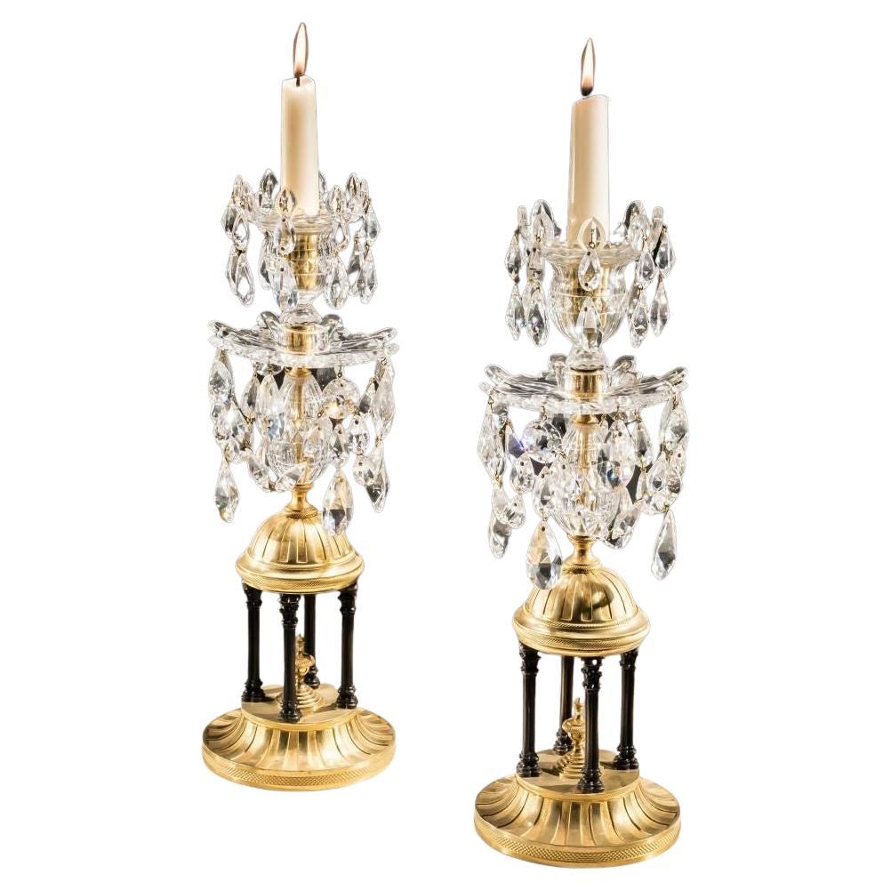 Pair of Ormolu & Bronze Based Georgian Temple Candlesticks For Sale