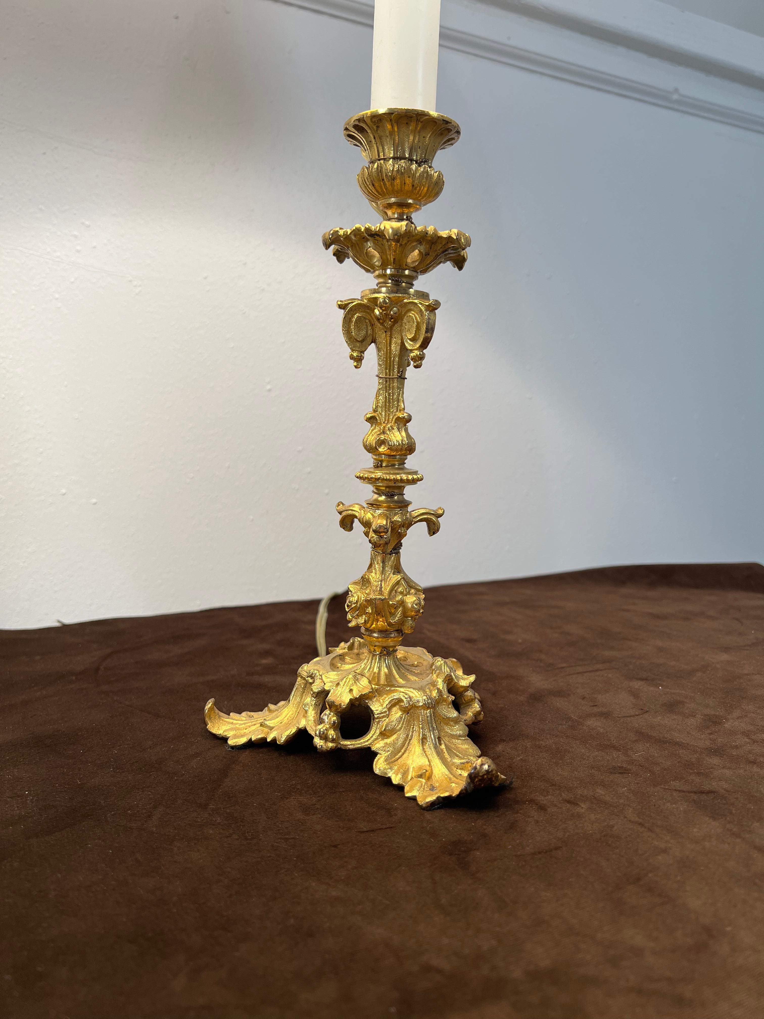 French Pair of Ormolu Candlestick Form Lamps, 19th Century with Pleated Shades For Sale