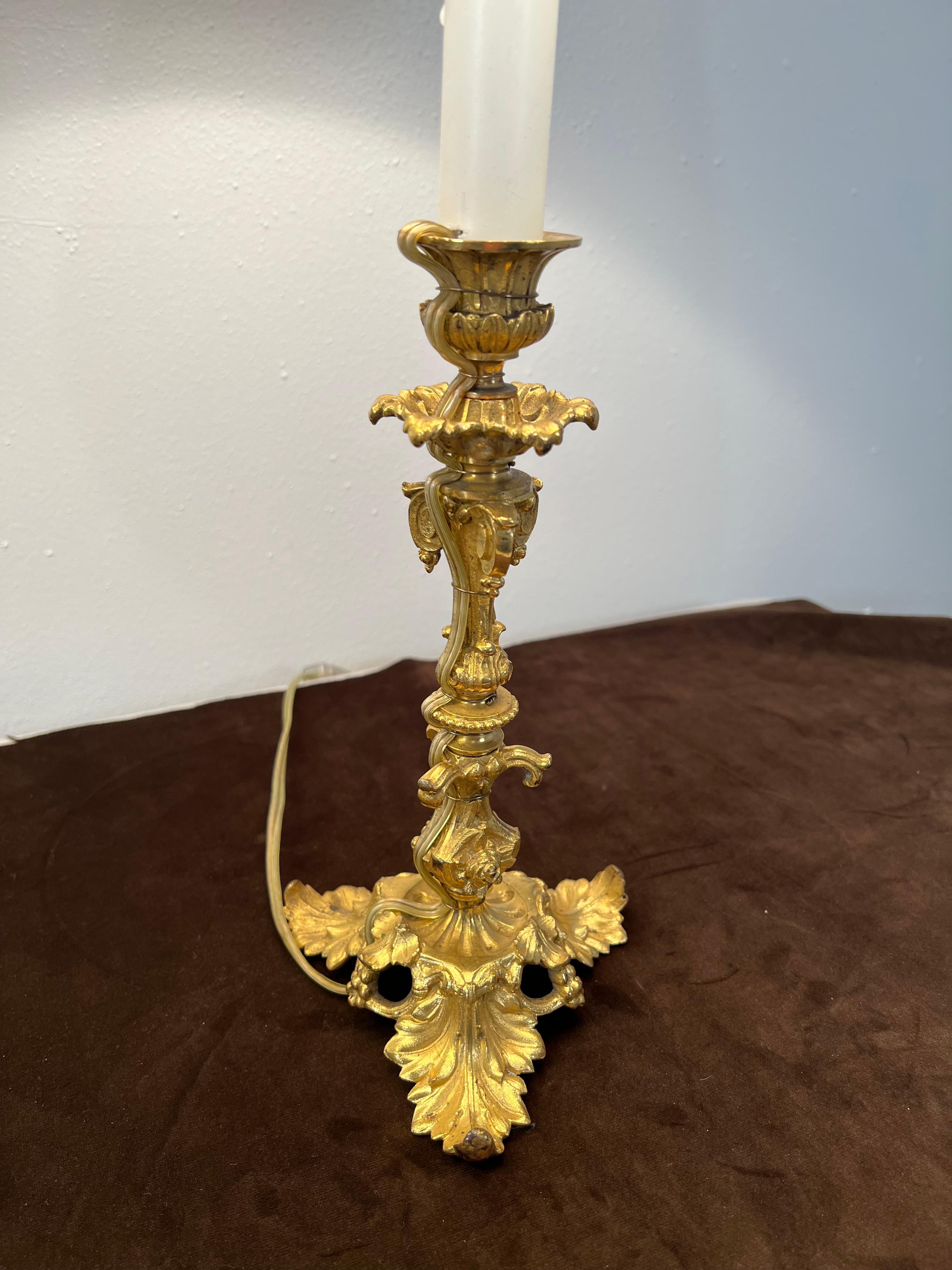 Gilt Pair of Ormolu Candlestick Form Lamps, 19th Century with Pleated Shades For Sale