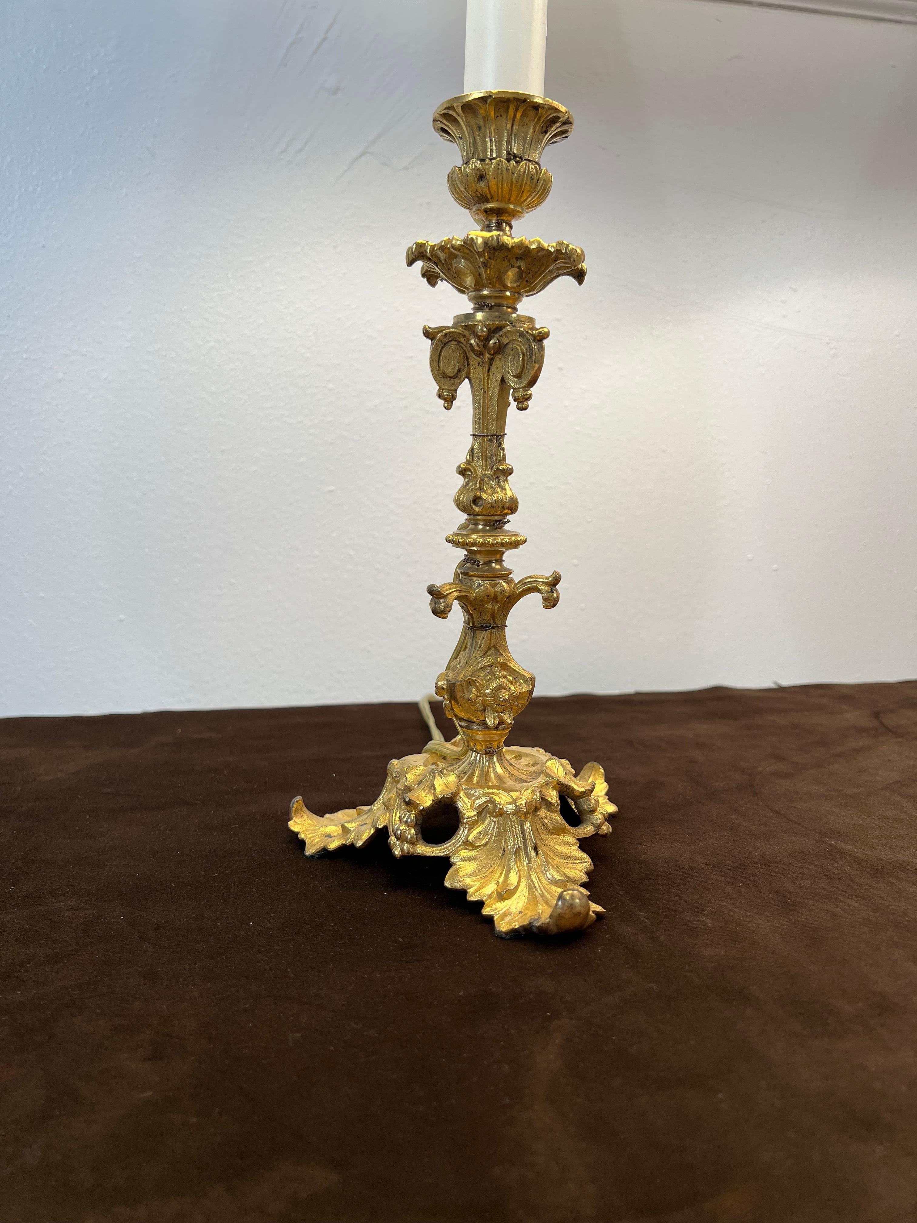 Gold Pair of Ormolu Candlestick Form Lamps, 19th Century with Pleated Shades For Sale