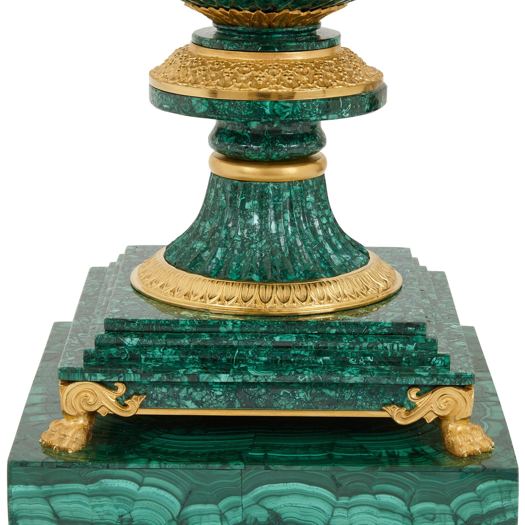 Neoclassical Pair of Ormolu Mounted Malachite French Vases after a design by Galberg For Sale
