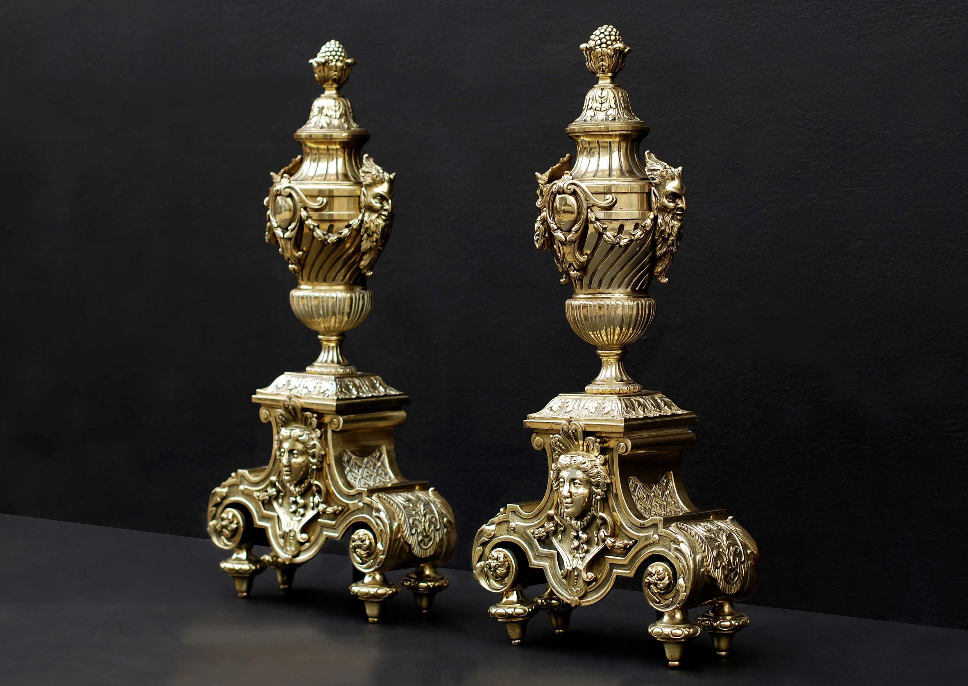 19th Century Pair of Ornate Brass Chenets For Sale